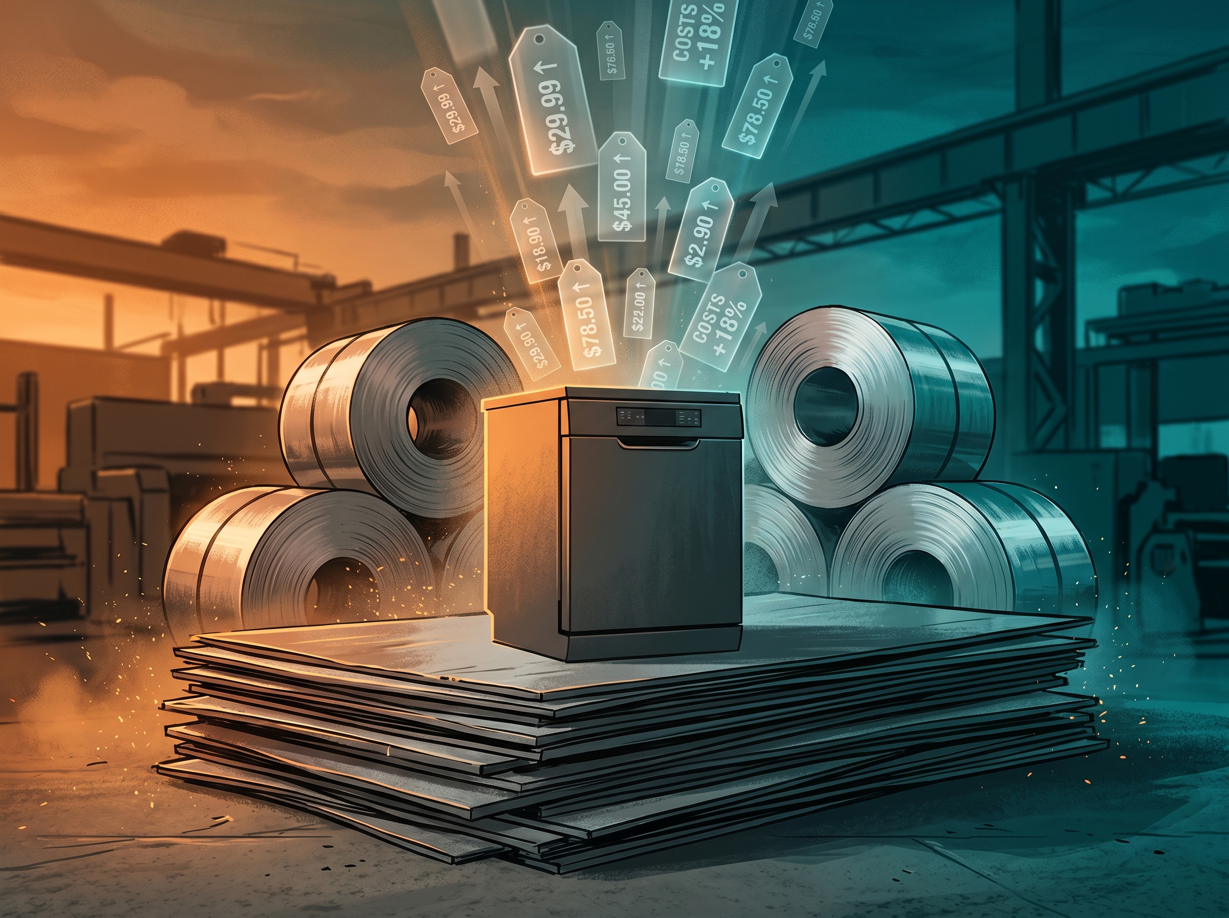 Steel sheets with floating price tags representing rising tariff costs on appliances