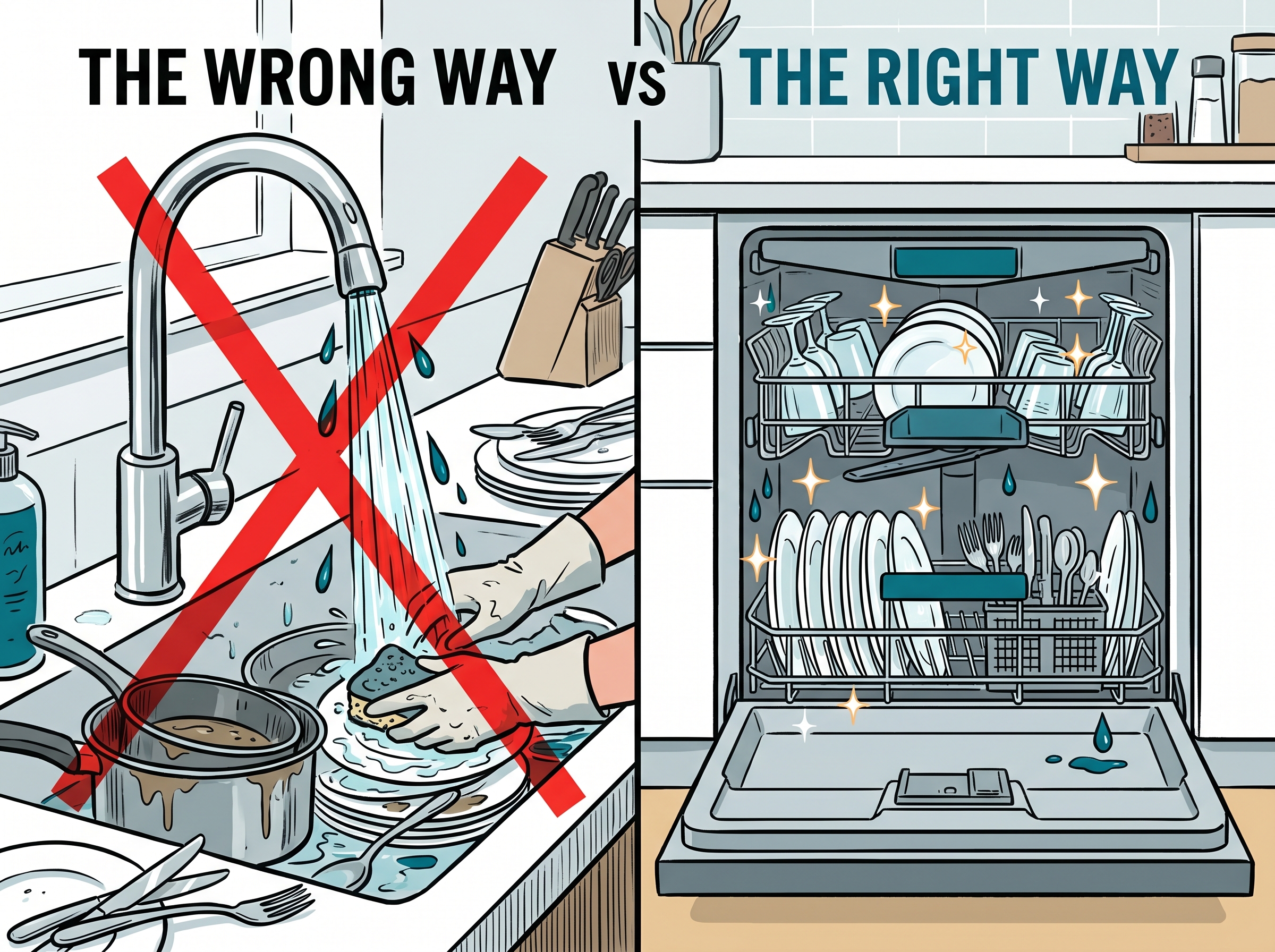Split composition showing a crossed-out faucet versus sparkling clean dishes in a dishwasher