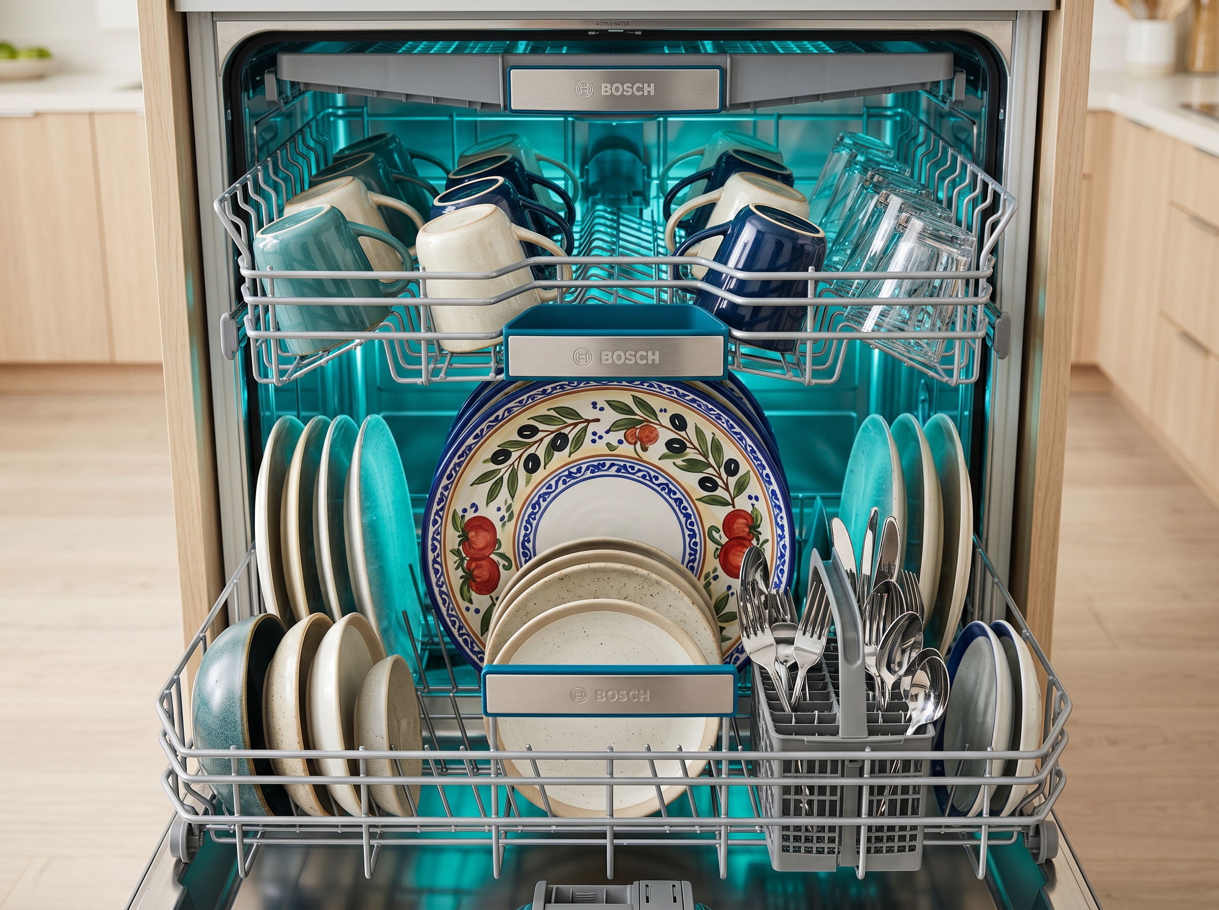 An oversized pizza plate fitting perfectly inside a gleaming dishwasher rack