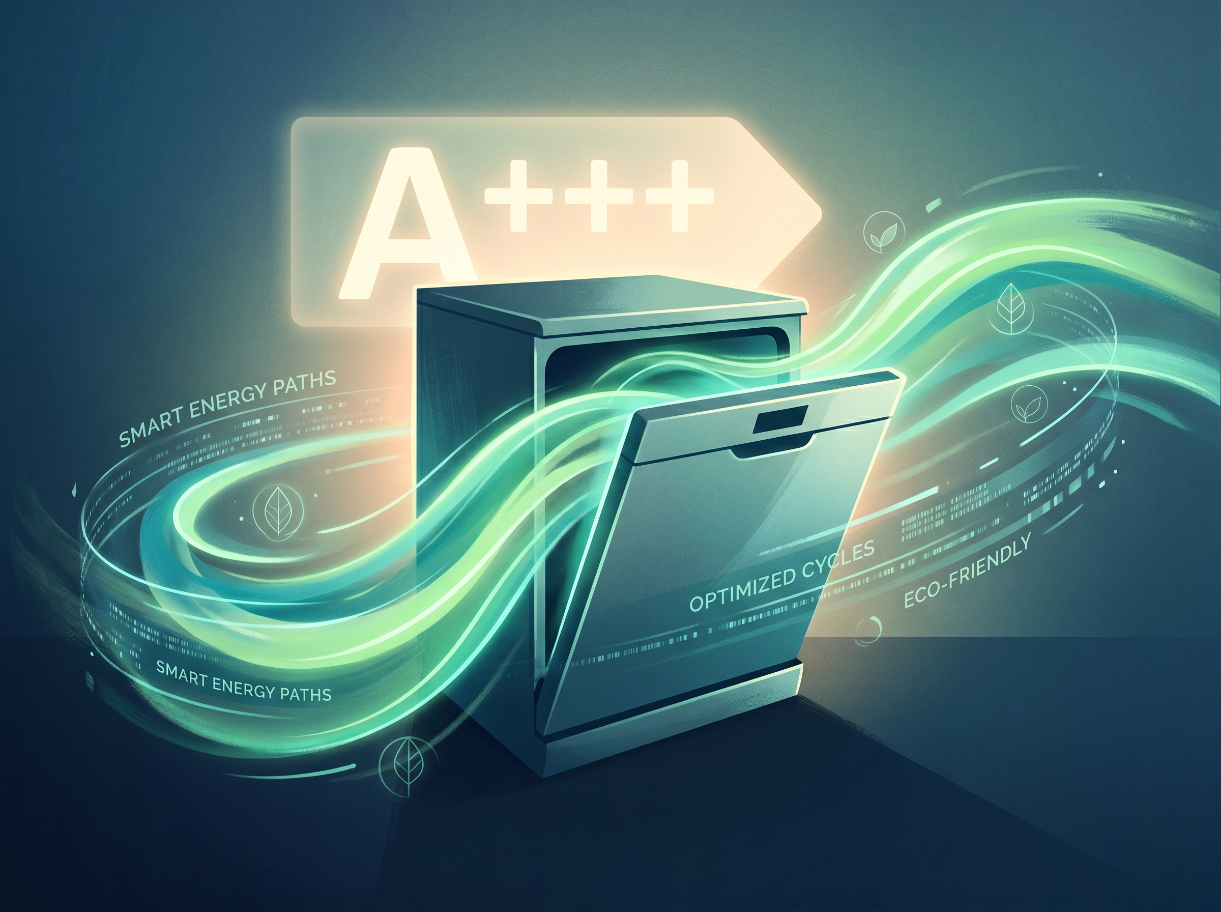 Abstract energy efficiency visualization with flowing green and teal waves around a dishwasher form