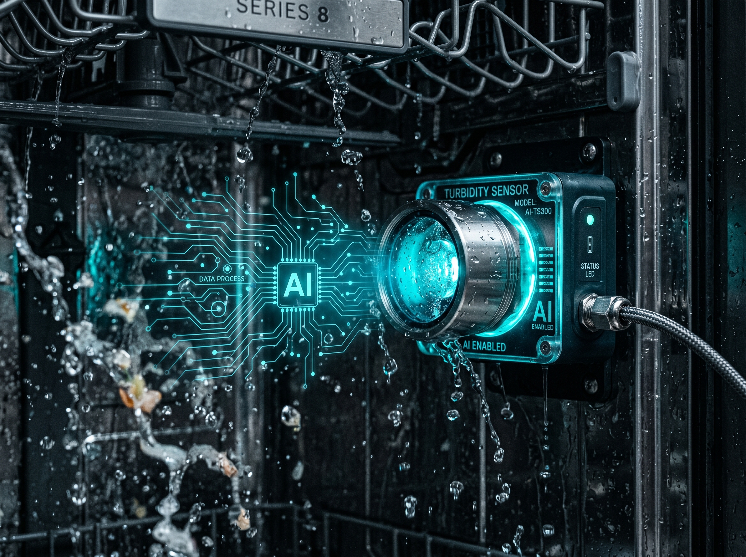 Macro photography of a turbidity sensor with AI neural network patterns overlaid on water droplets