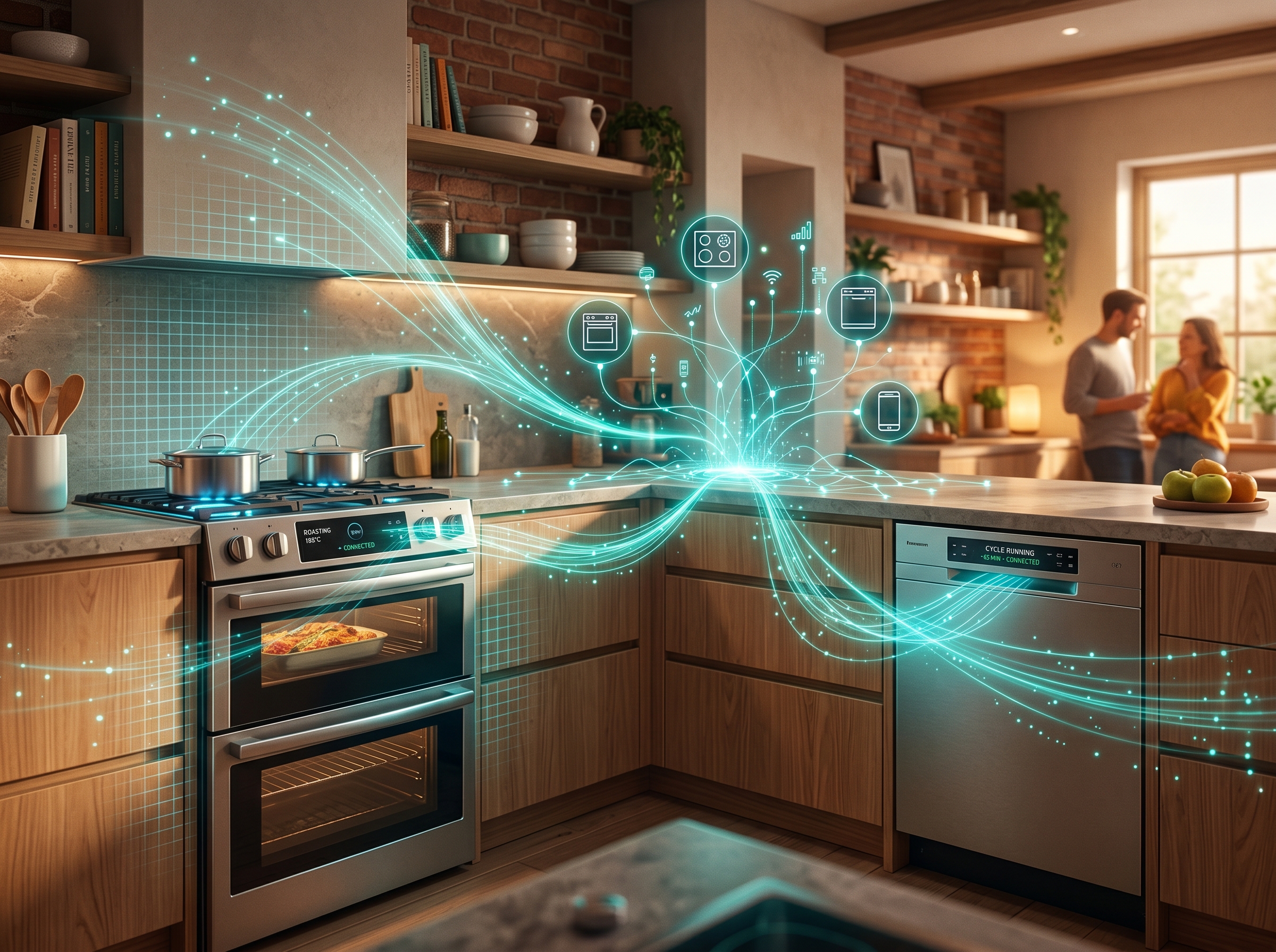 Connected kitchen ecosystem with oven, cooktop, and dishwasher linked by flowing digital light streams