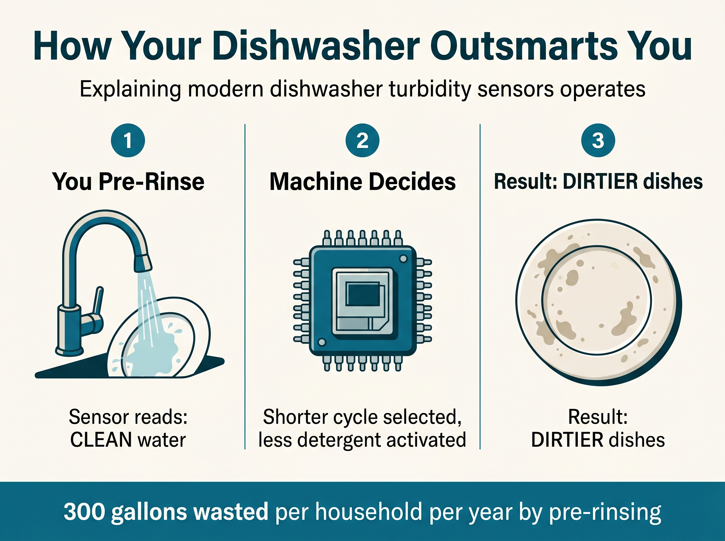 Infographic showing how pre-rinsing tricks modern dishwasher turbidity sensors into running shorter, less effective cycles