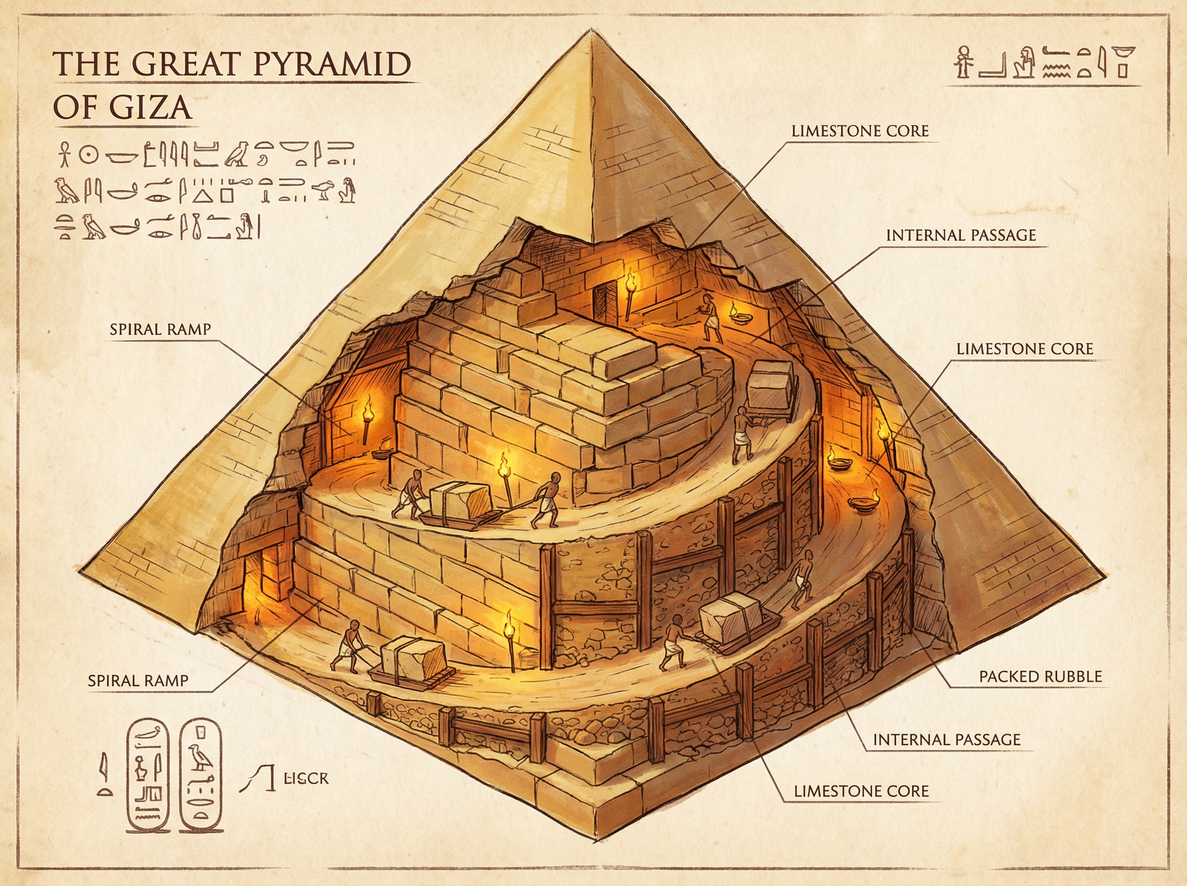 Cross-section of the Great Pyramid showing the proposed internal spiral ramp