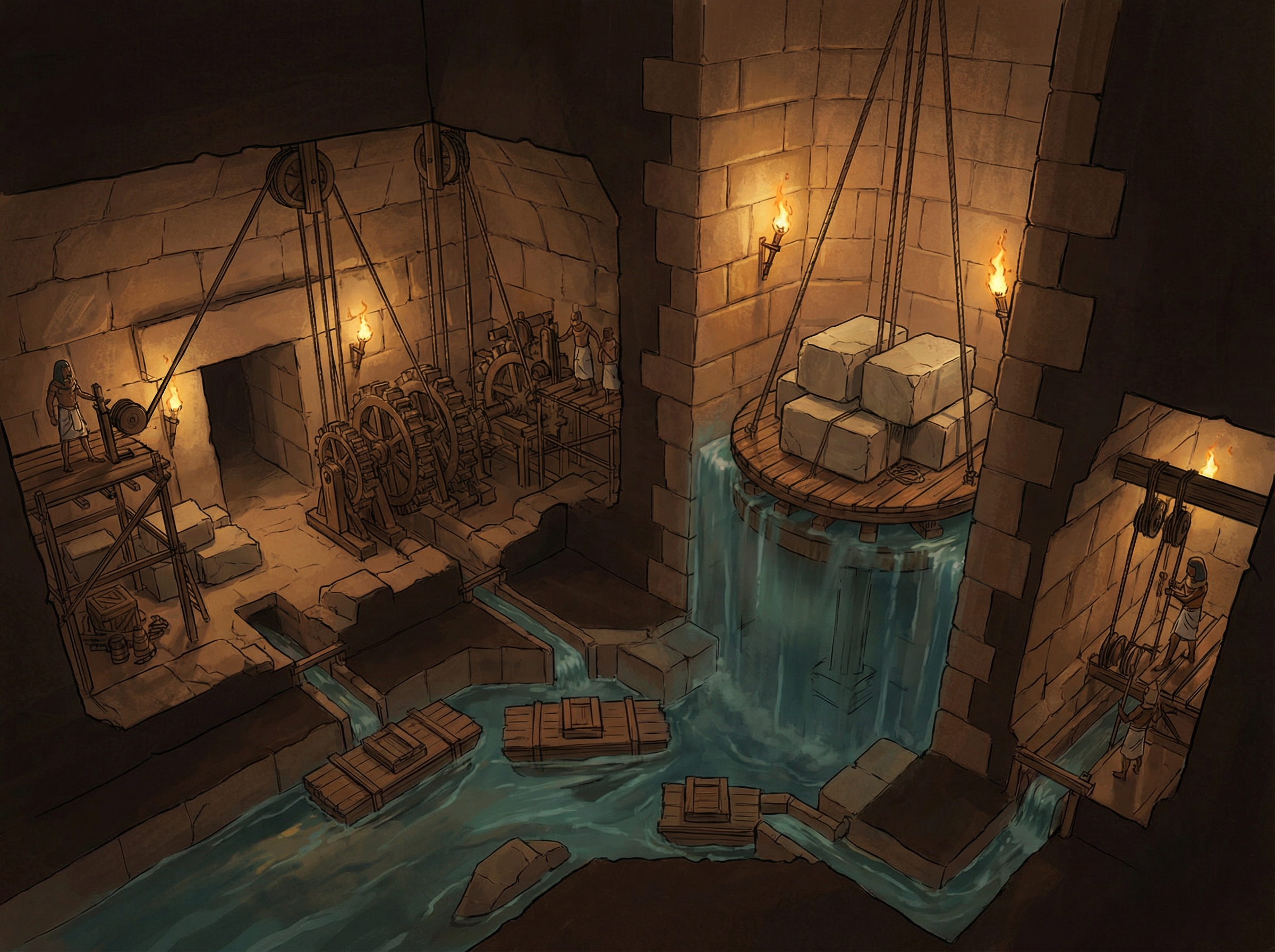 Ancient Egyptian hydraulic lift mechanism inside a step pyramid, with water elevating stone blocks