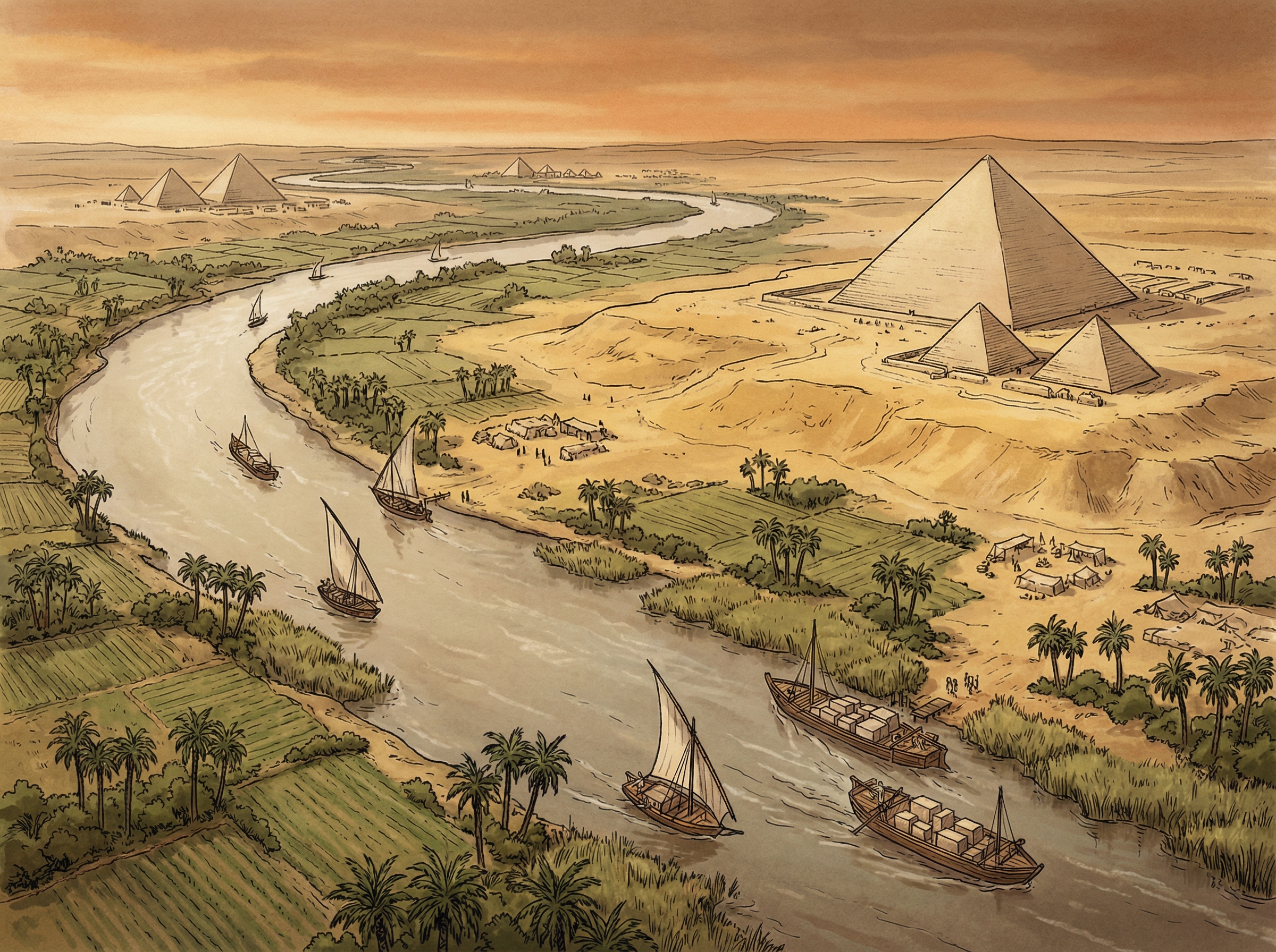 The ancient Ahramat Branch of the Nile flowing past the pyramids, with boats transporting limestone blocks
