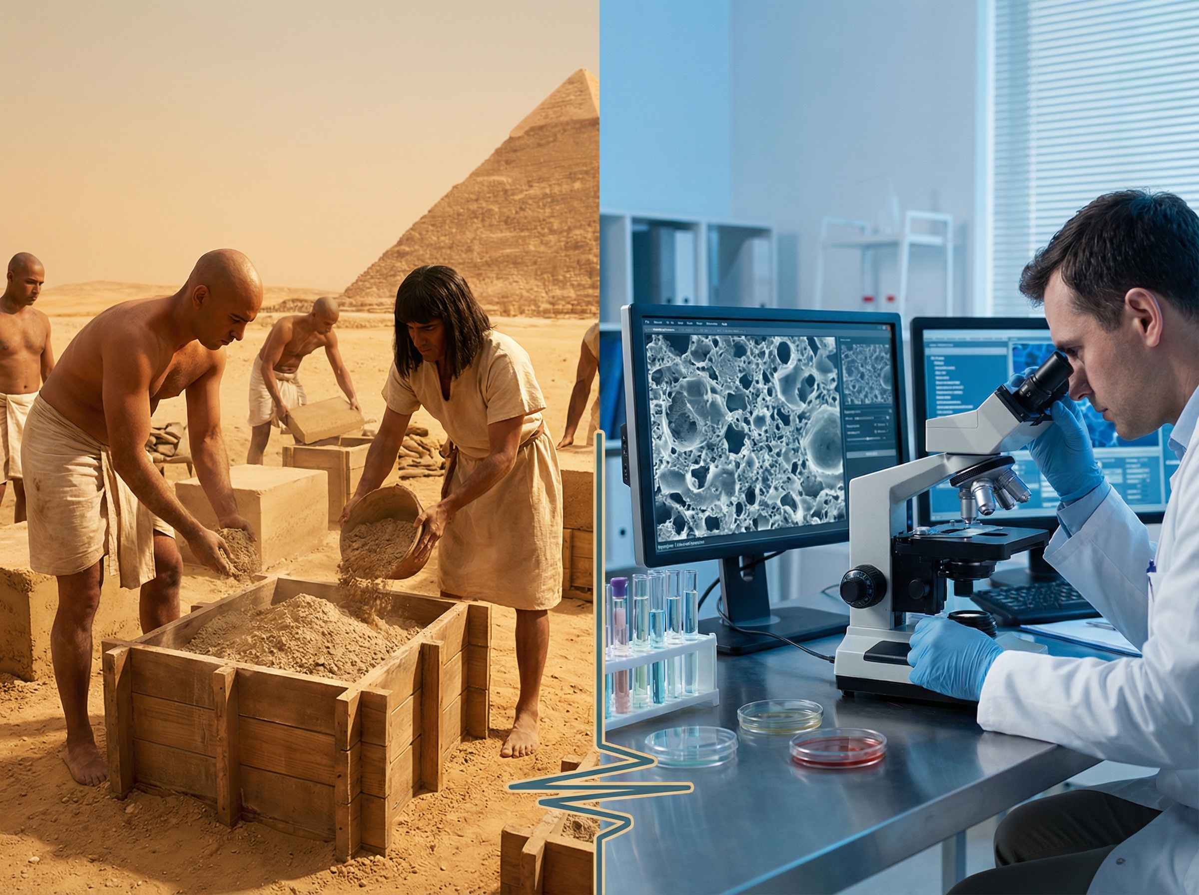 Split view: ancient workers mixing limestone aggregate and modern laboratory analysis of pyramid stone microstructure