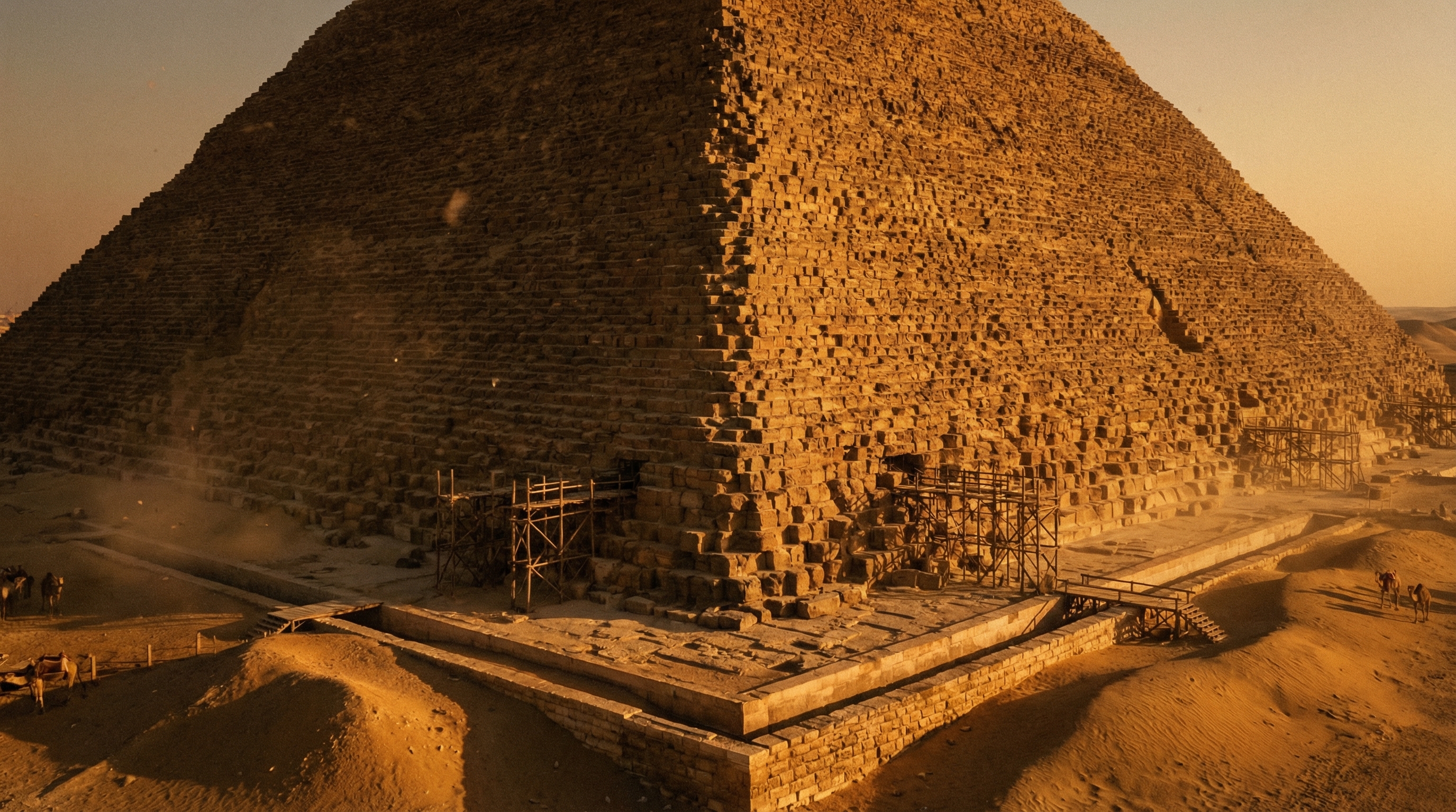 The Great Pyramid of Giza at golden hour, its limestone facade casting long shadows across the desert