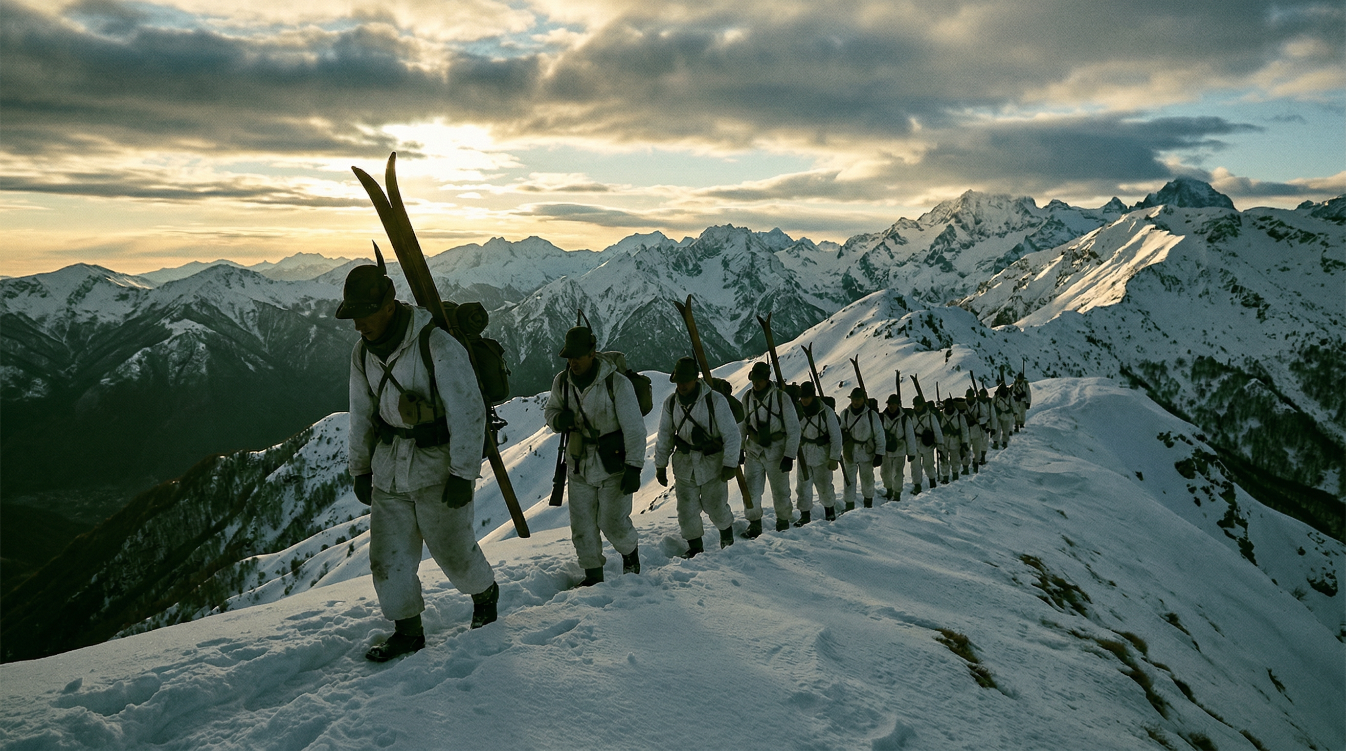 WWII-era mountain soldiers silhouetted against an Alpine ridgeline at dawn, carrying skis on their backs