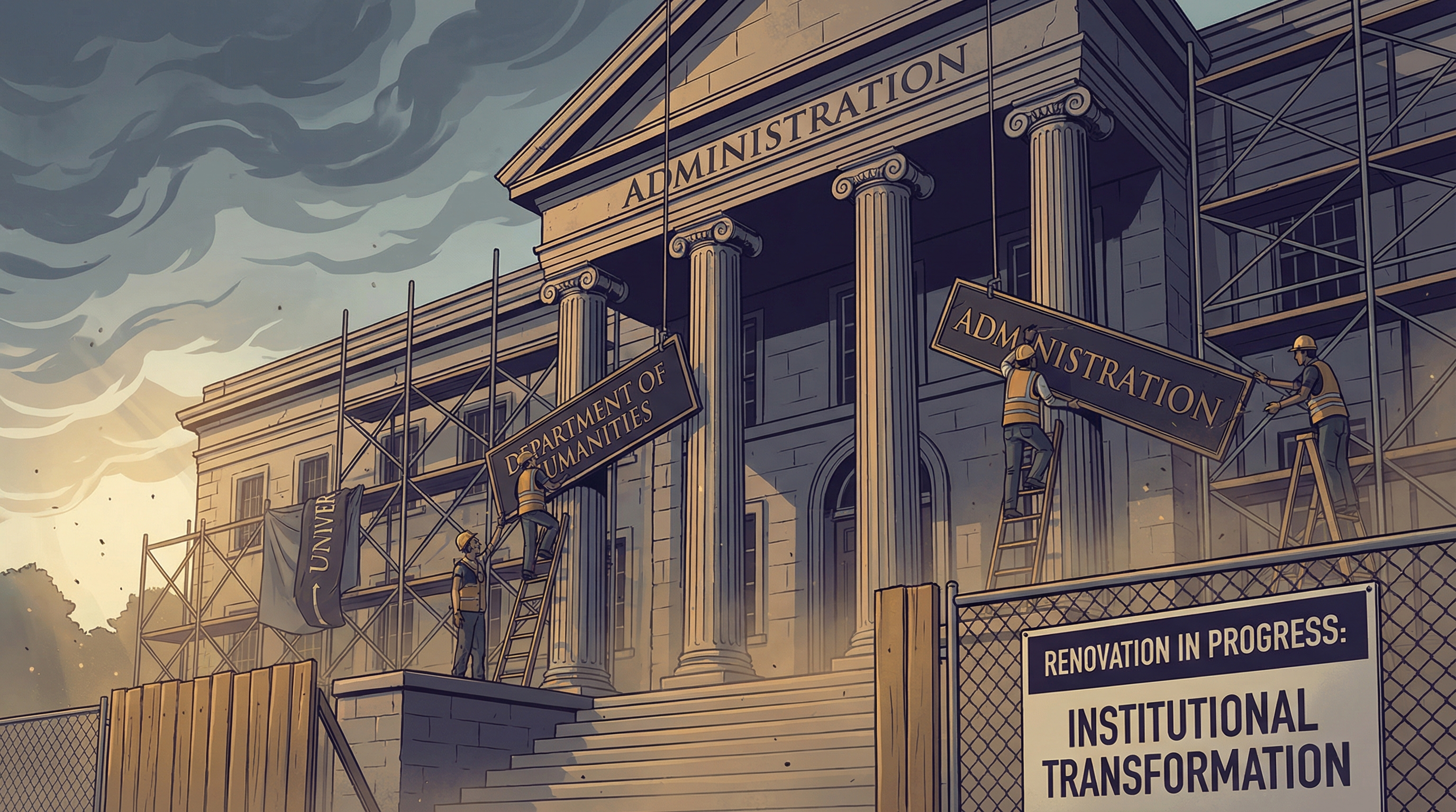 Editorial illustration of university administration building surrounded by scaffolding and construction barriers, workers removing signage