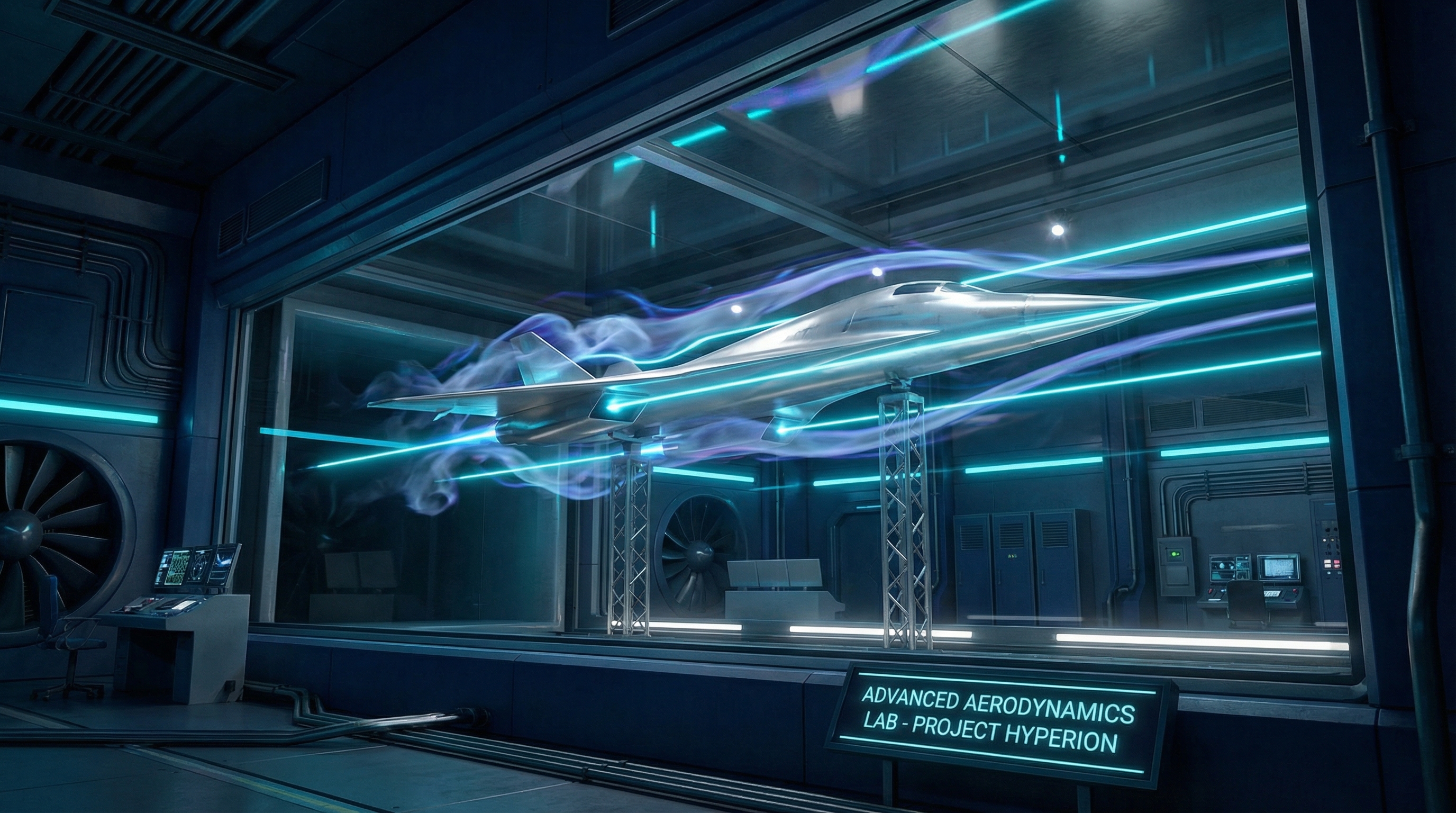 Aircraft model in wind tunnel with laser-illuminated airflow patterns