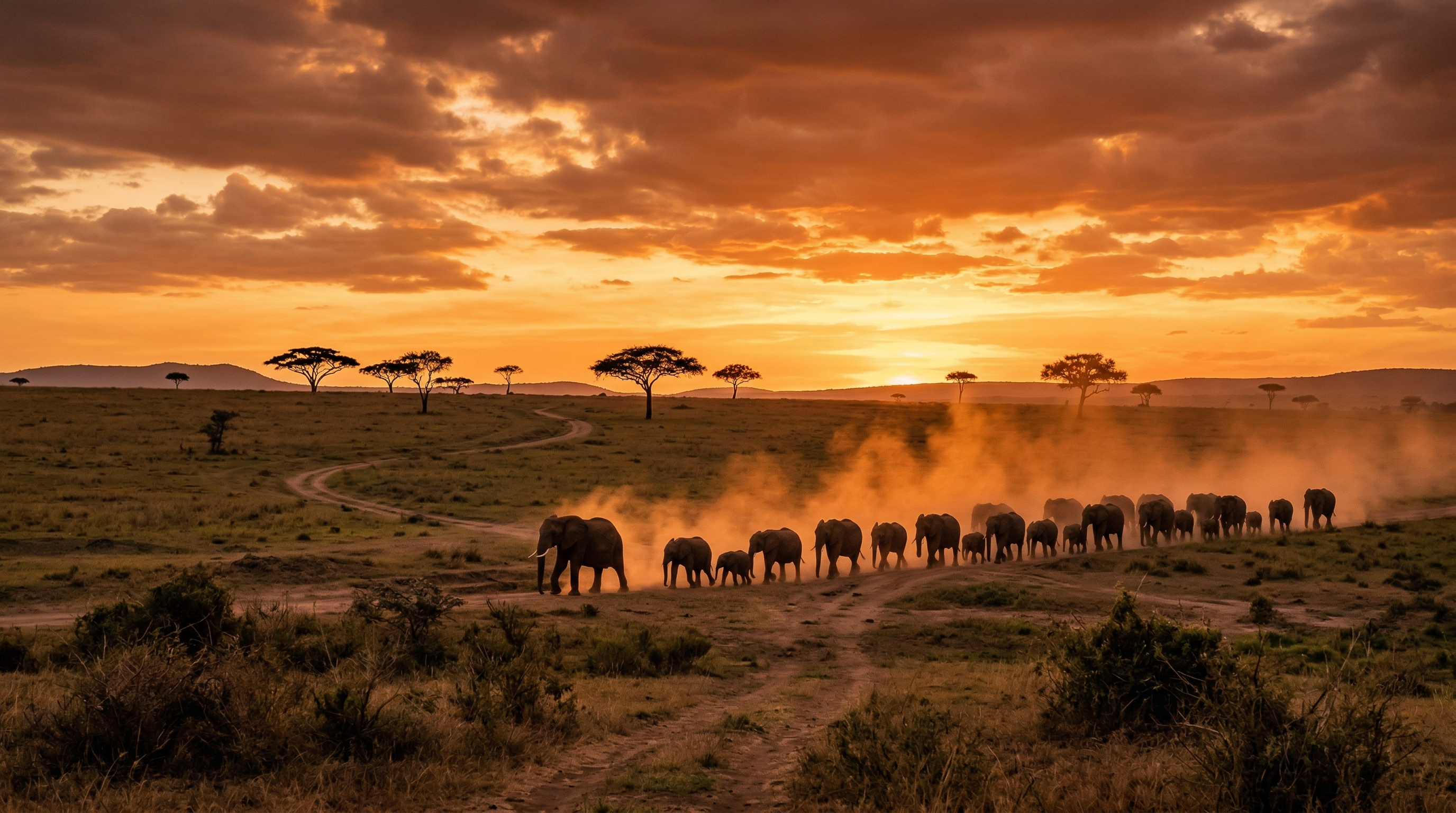 Golden hour African savanna with acacia trees and elephants silhouetted against a dramatic sunset