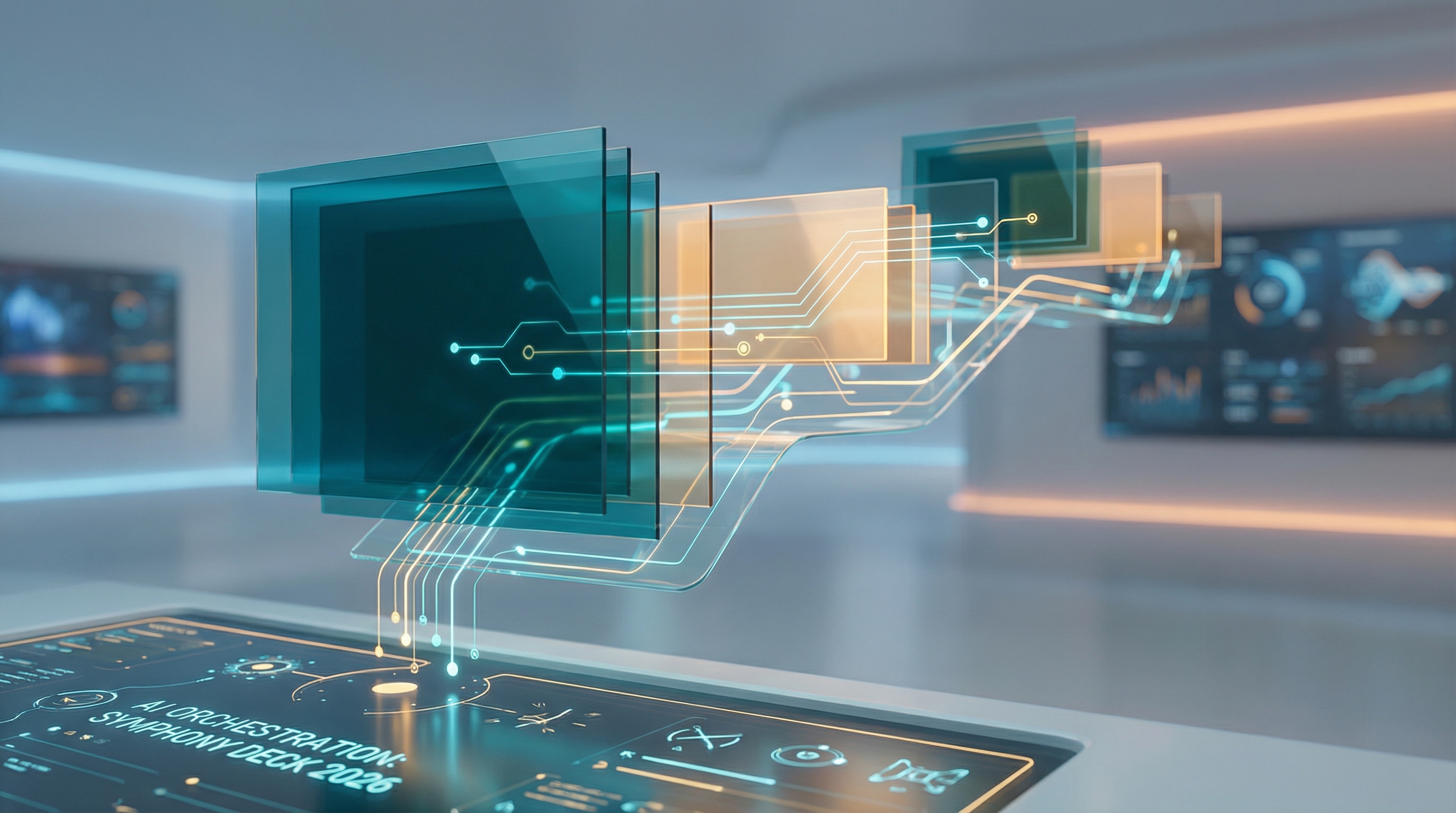 Abstract visualization of AI agents orchestrating presentation slides into cohesive structure