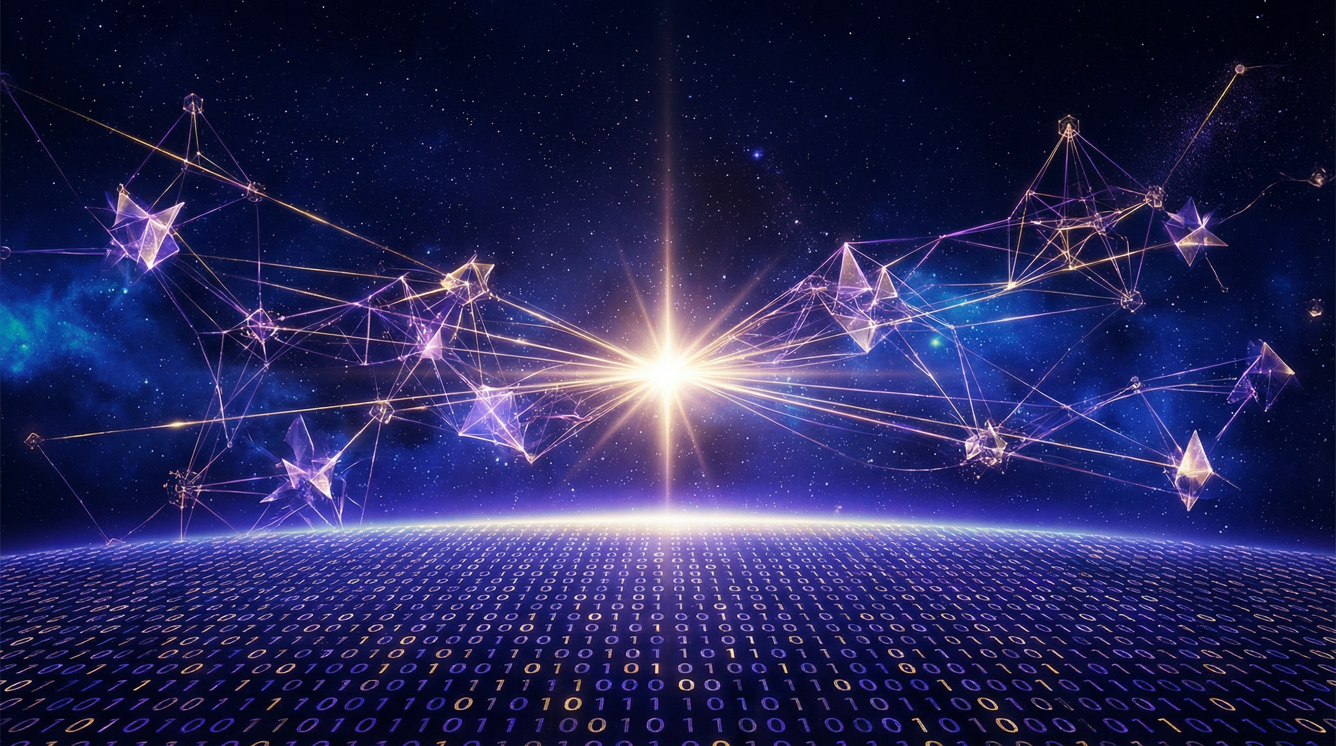 Neural constellation emerging from binary horizon, geometric nodes connected by light tendrils reaching toward a central singularity