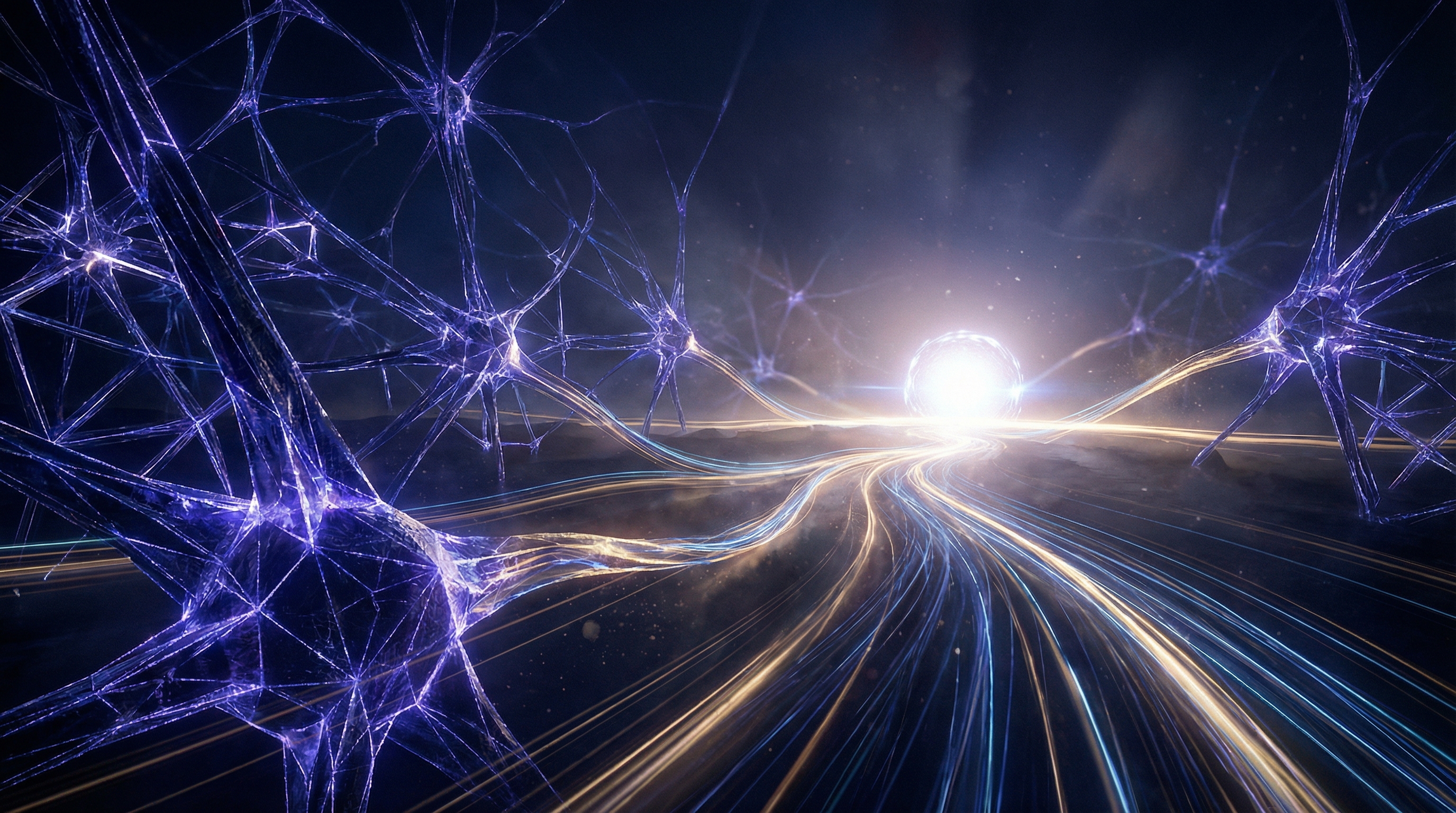 Neural network visualization converging toward a luminous horizon representing AGI emergence