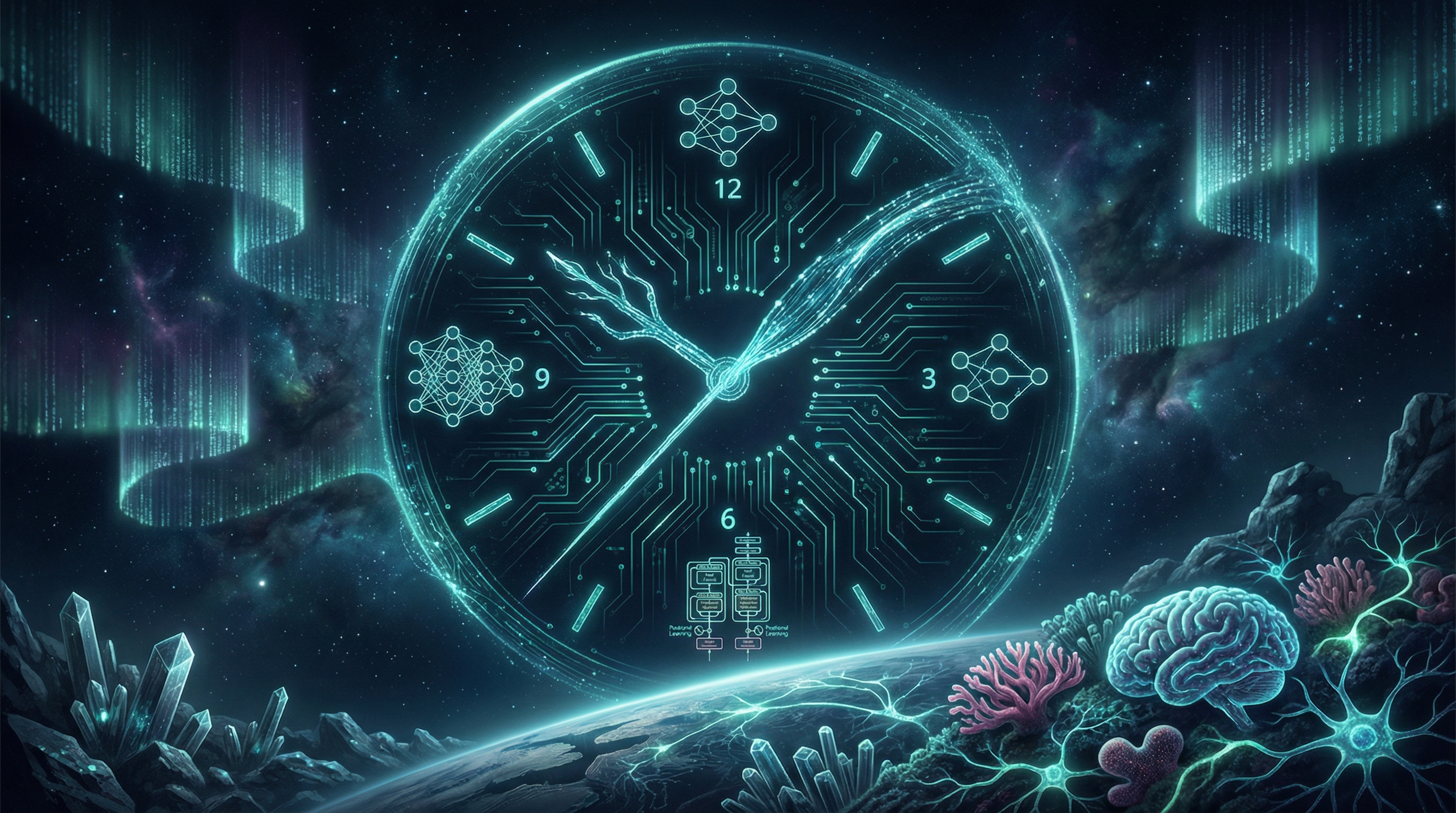 A cosmic clockface with teal circuit traces forming clock hands, neural network nodes replacing numbers, suspended above a horizon where silicon meets organic brain tissue