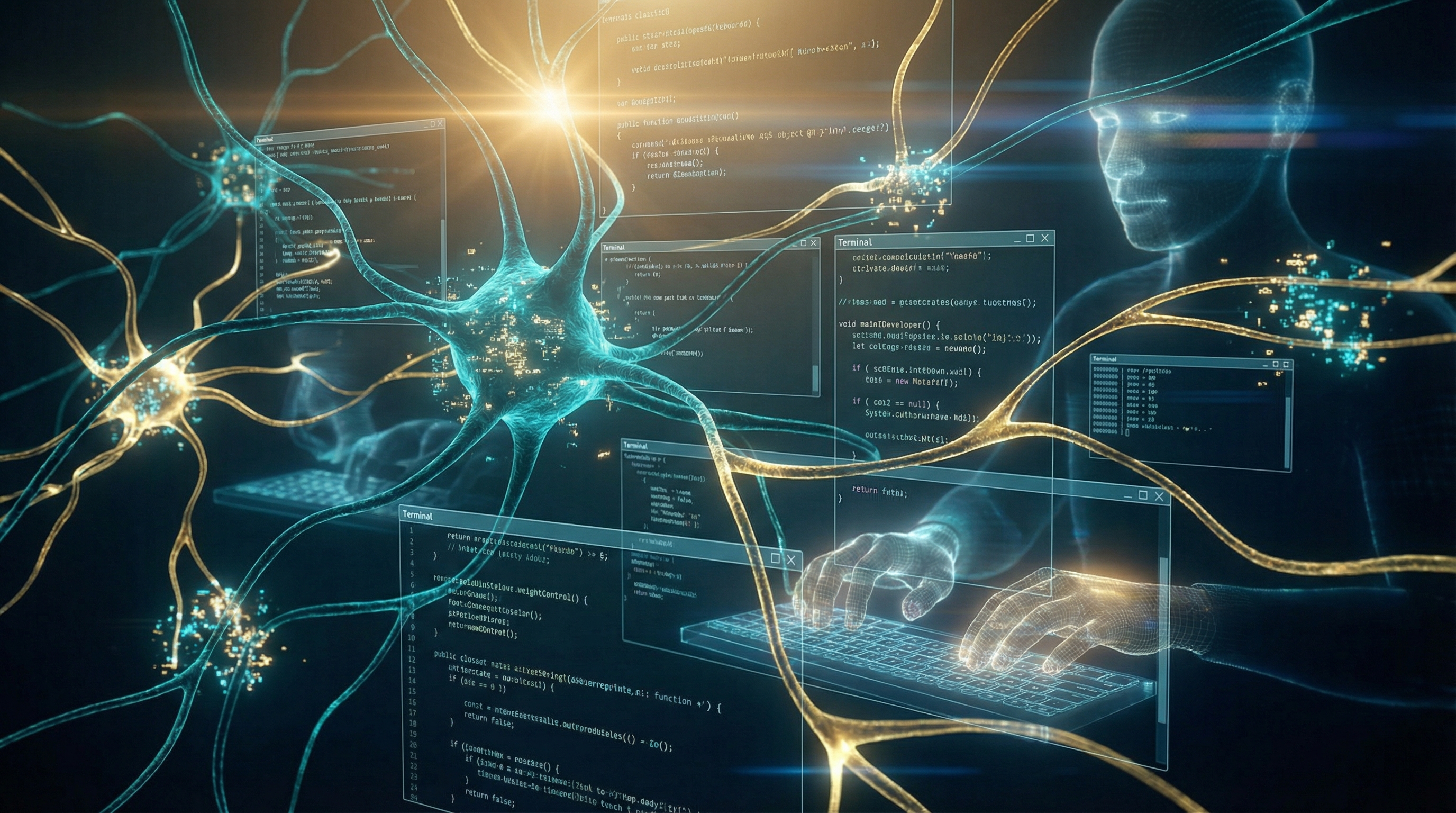 Abstract visualization of AI agents collaborating with humans through code, neural networks weaving through floating terminal windows