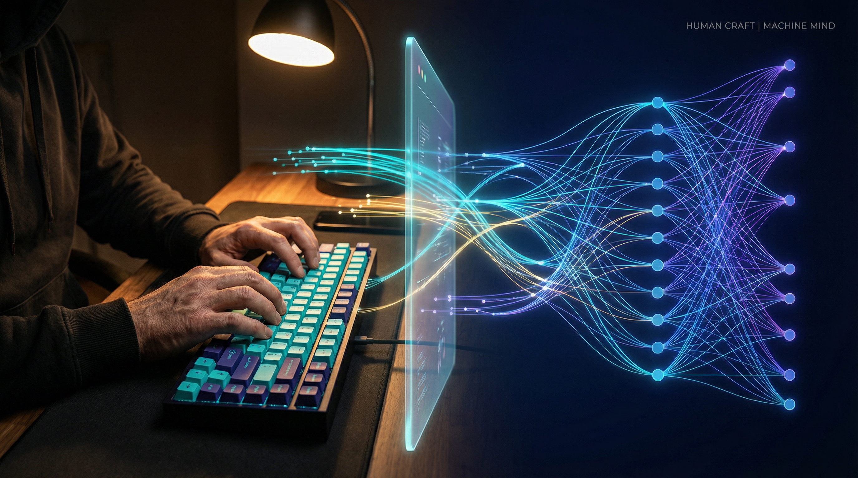 A dramatic visualization of human hands on a keyboard with streams of luminescent code flowing into an AI neural network