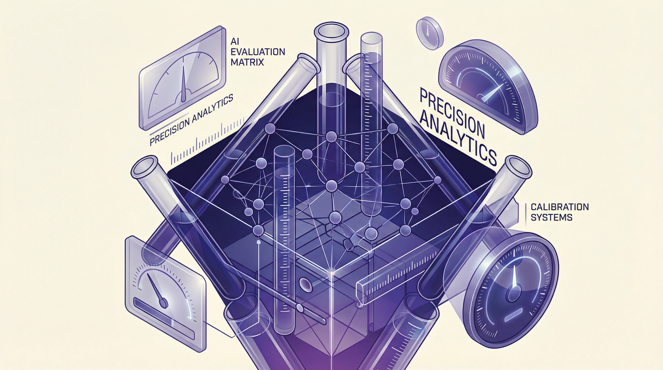 Abstract visualization of AI evaluation systems with measurement instruments and neural network nodes