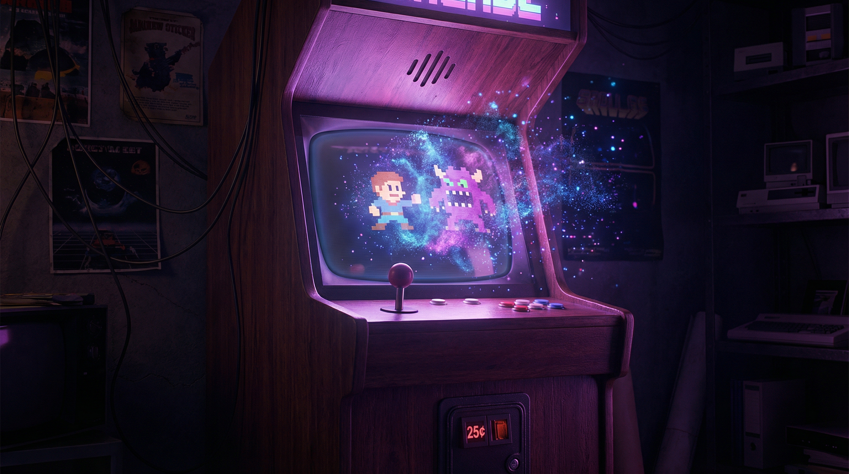 Retro arcade cabinet glowing with AI-generated pixel art characters materializing on a CRT screen