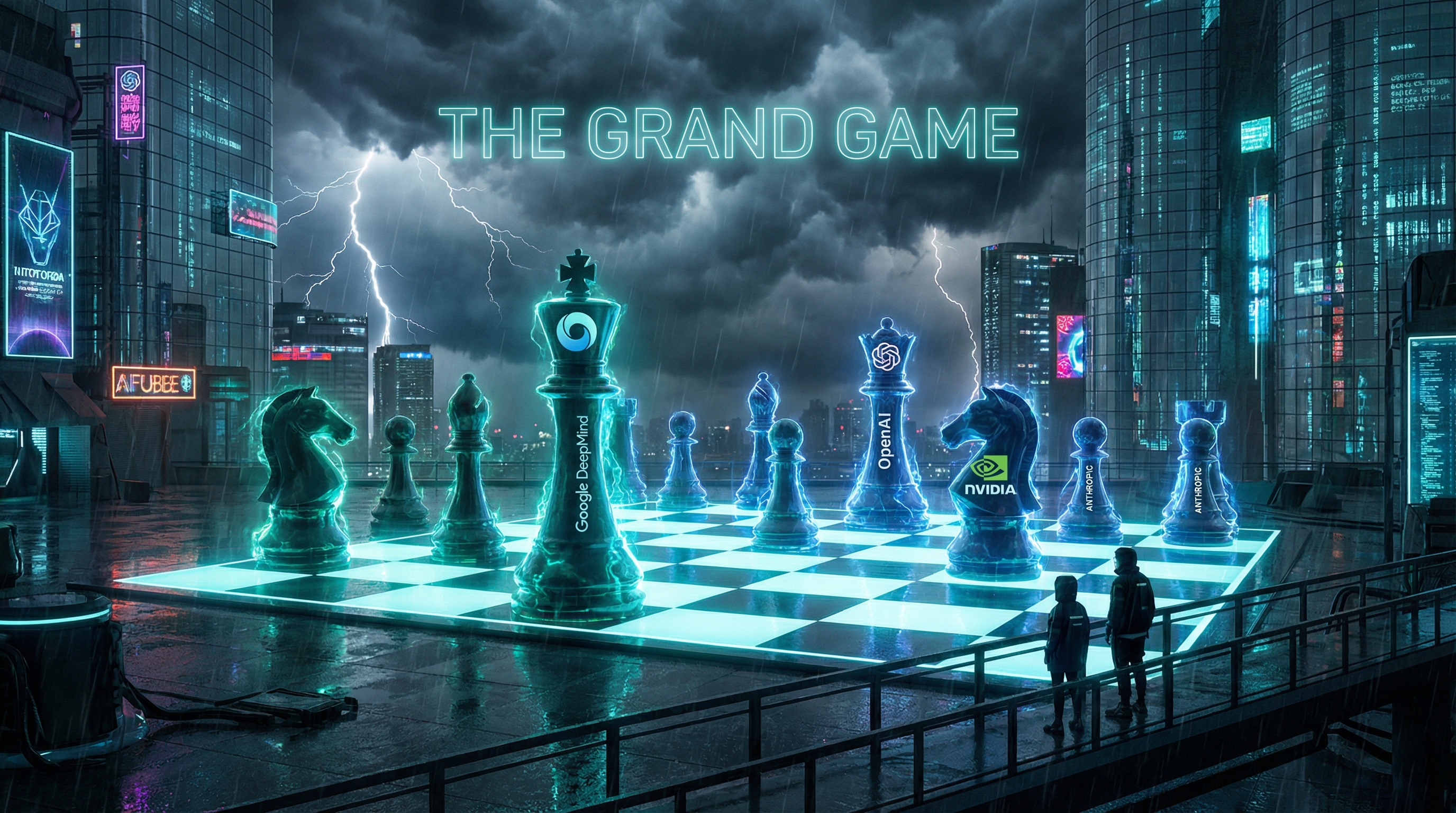 Epic chess board with AI company logos as pieces, teal and electric blue energy crackling between them