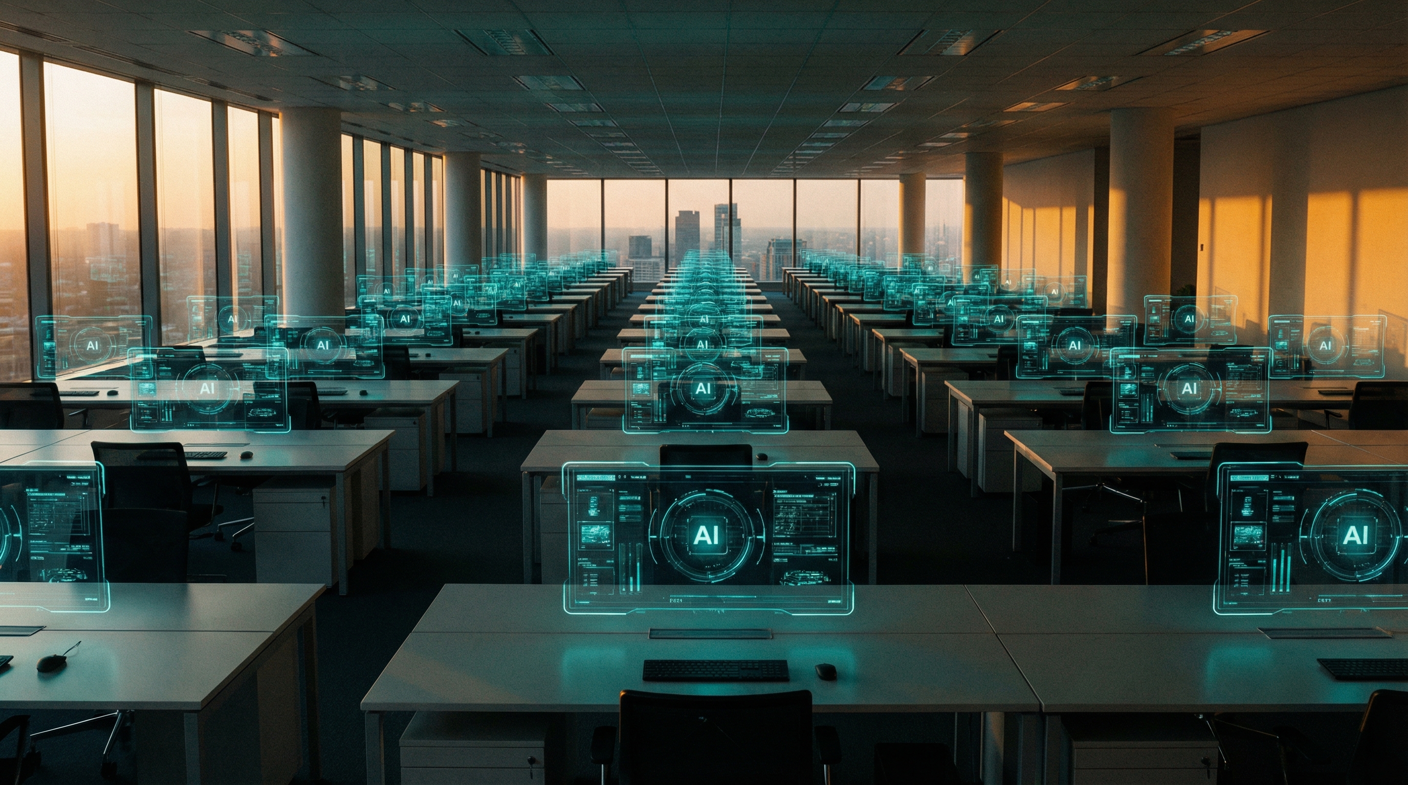 A vast modern office floor with rows of empty desks, holographic AI interfaces hovering above each workstation casting a teal glow