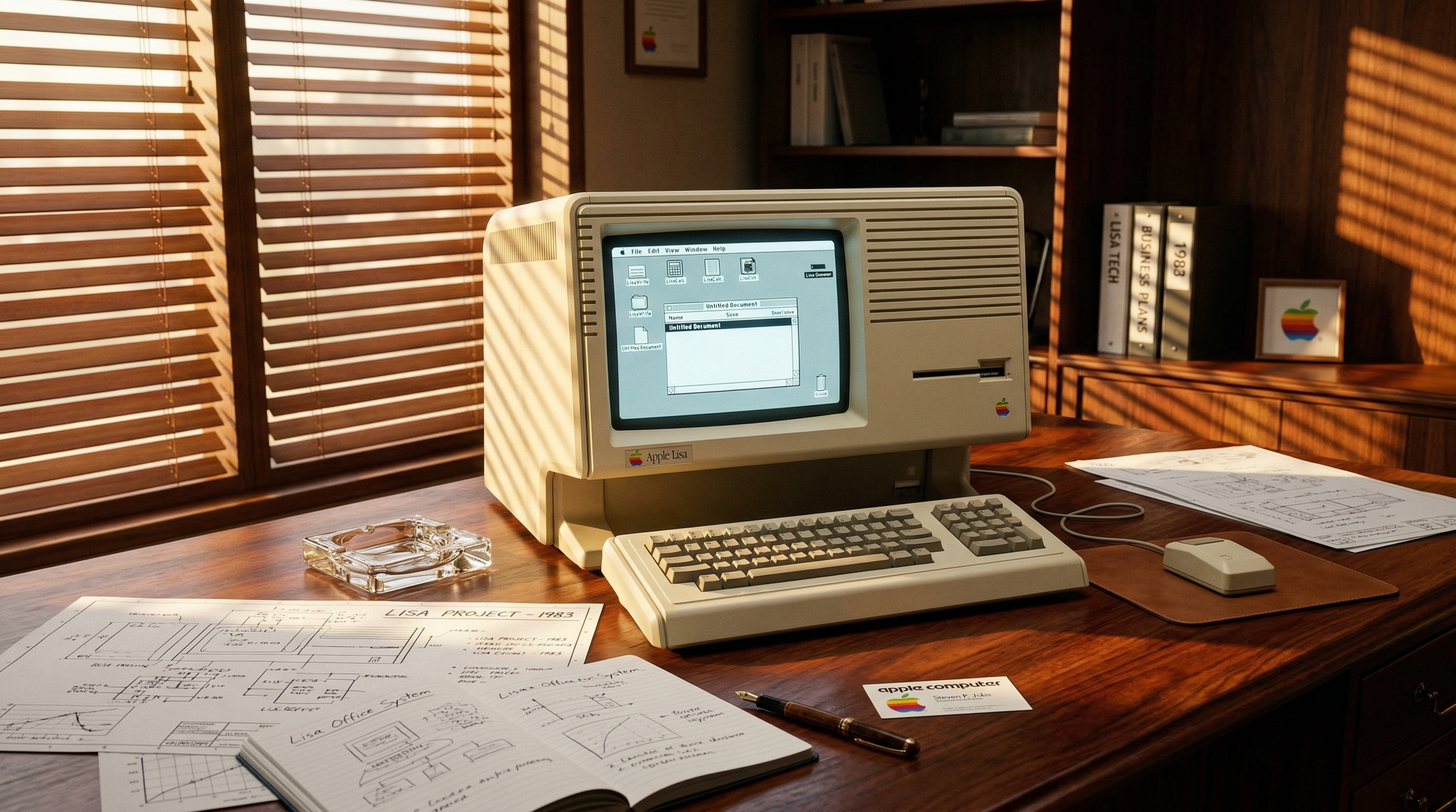 Apple Lisa computer on an executive desk bathed in warm golden light, its revolutionary GUI glowing on the 12-inch monitor