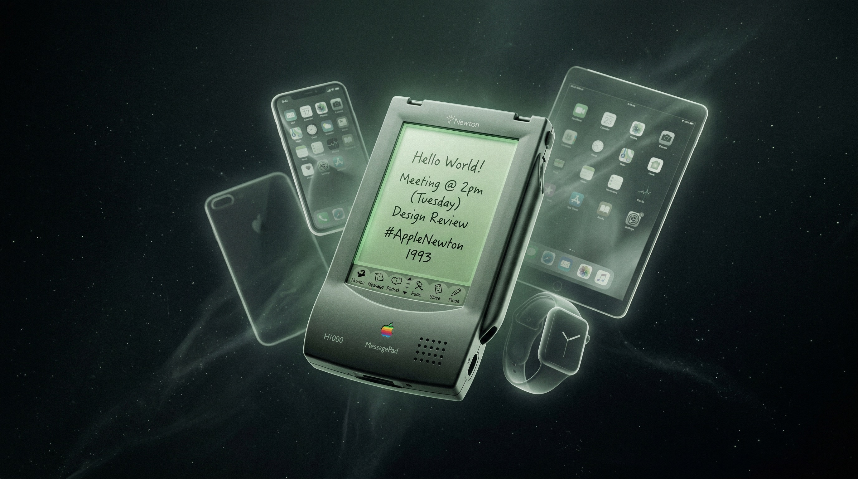 An Apple Newton MessagePad glowing with sage green light, surrounded by ghostly outlines of modern smartphones emerging from it