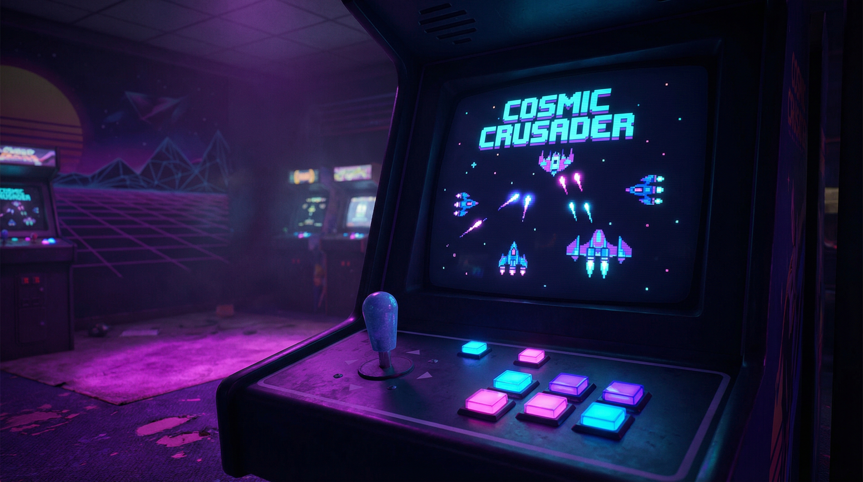 Retro arcade cabinet glowing with neon purple light, CRT screen displaying a classic space shooter with pixel art