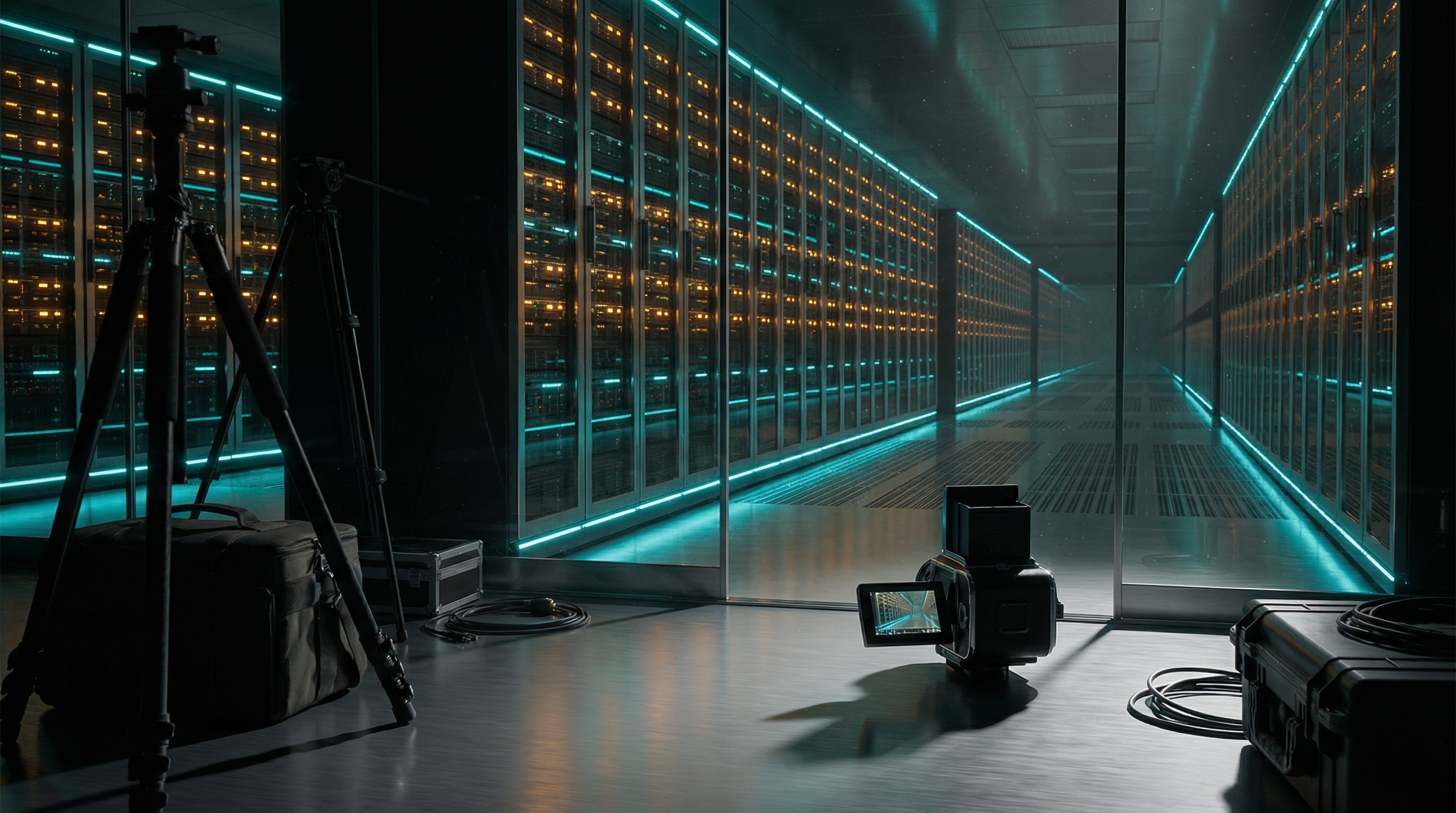 A vast digital archive room with glowing hard drives stacked like library shelves, photographer's camera equipment in the foreground casting long shadows