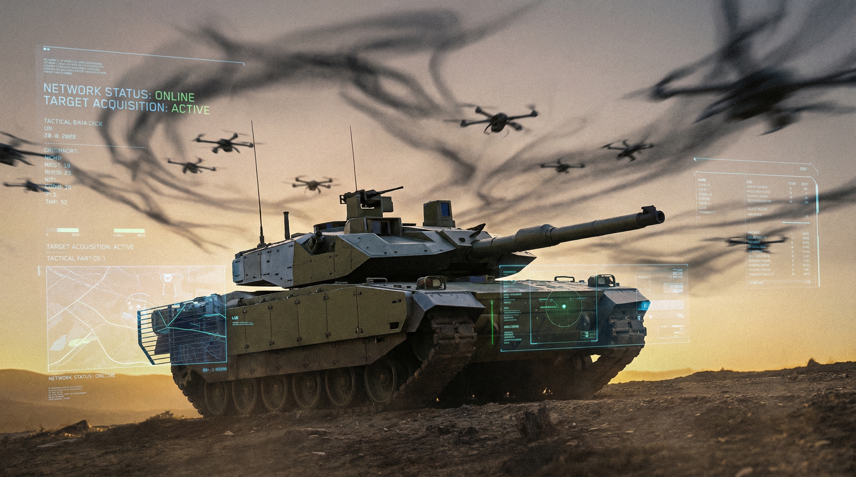 A next-generation main battle tank silhouetted against dawn, with drone swarm shadows and digital HUD overlay elements suggesting networked warfare