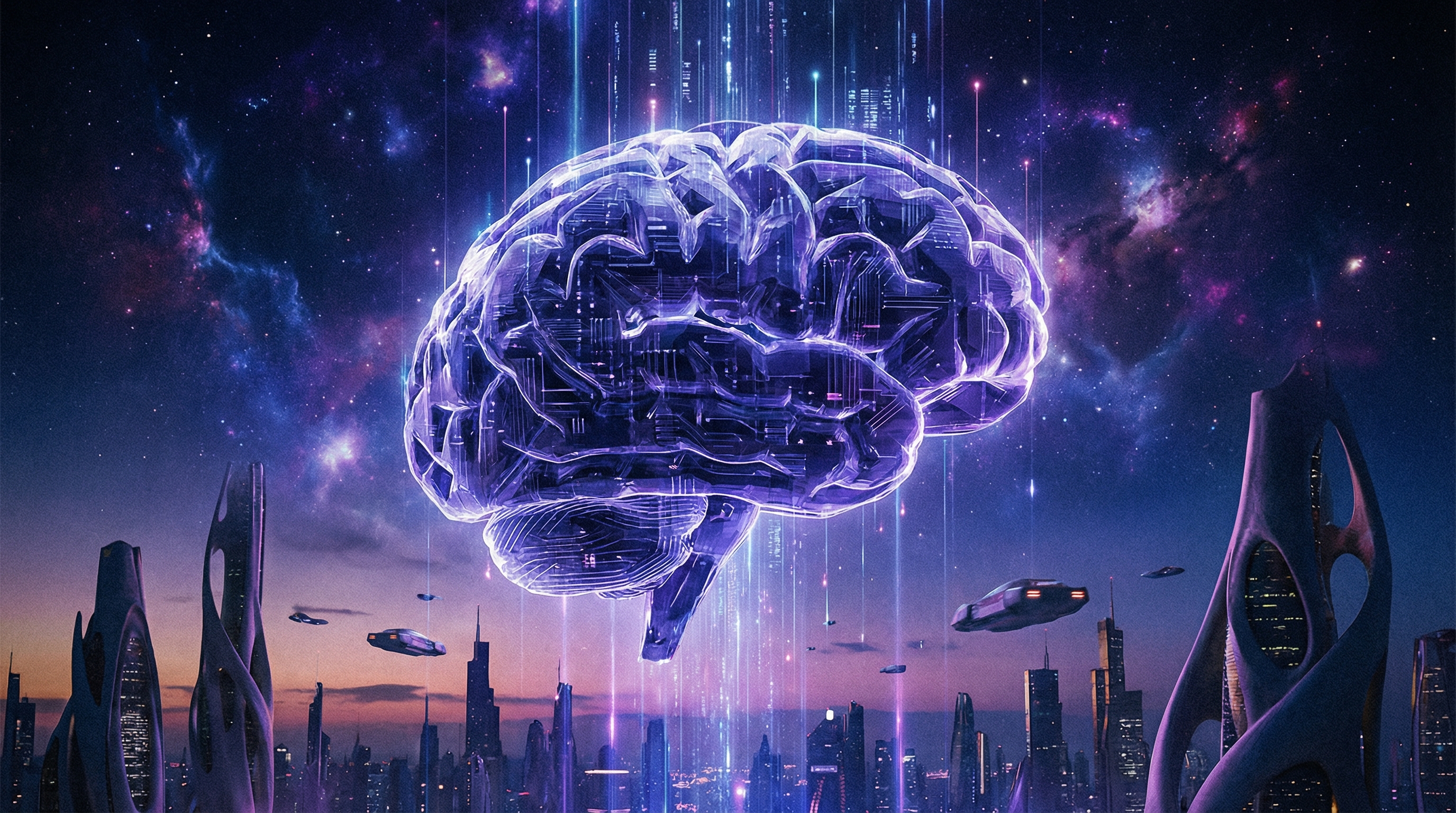 A massive translucent brain made of crystalline circuitry floating above a futuristic city at twilight