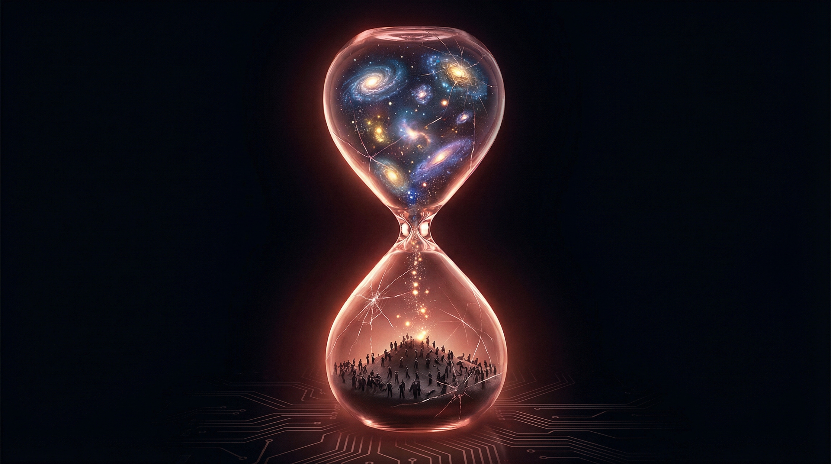 An hourglass floating in deep space, galaxies draining like sand while tiny human silhouettes gather below—a metaphor for humanity's uncertain future with artificial superintelligence