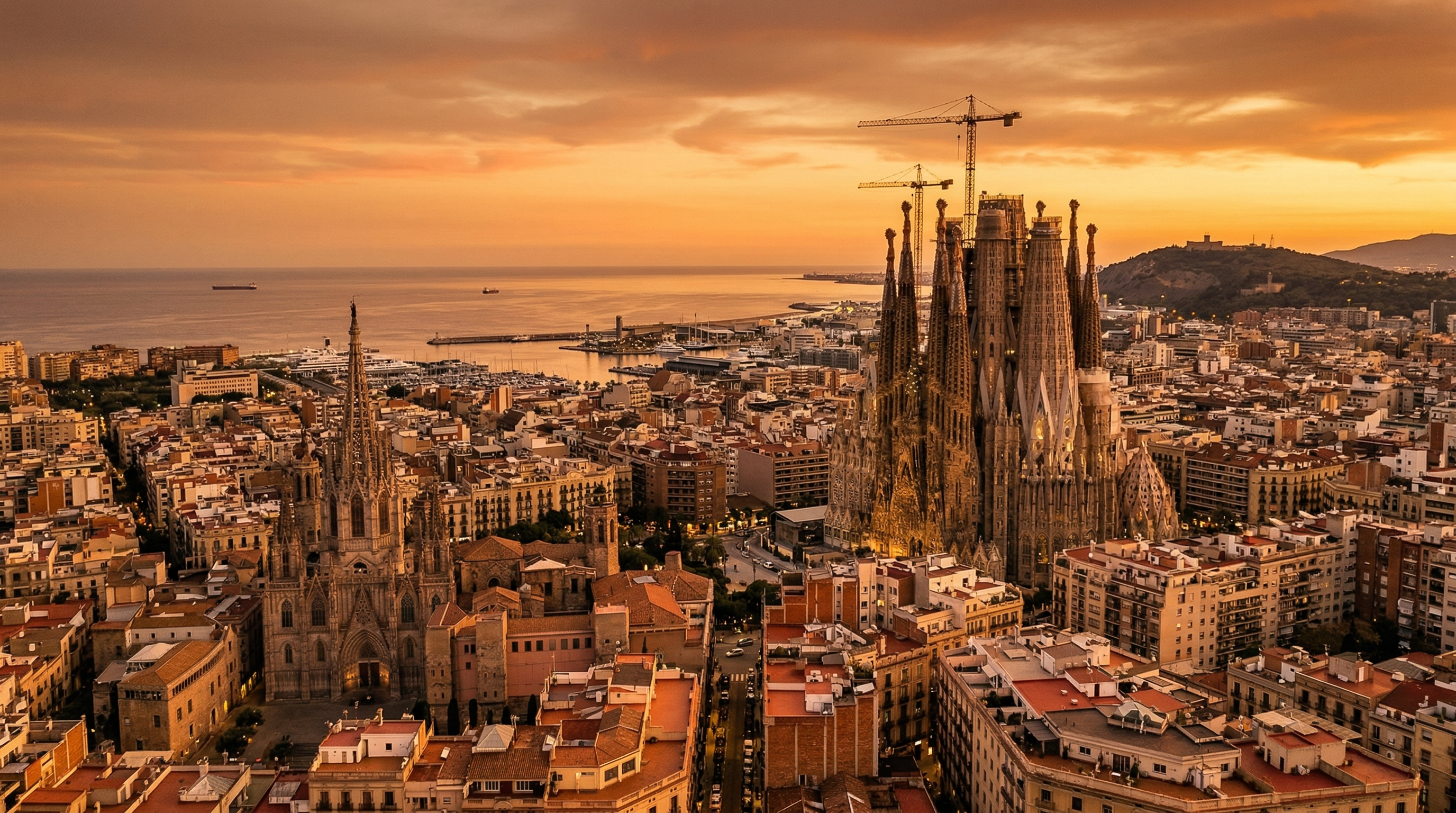 Panoramic view of Barcelona at golden hour with the Sagrada Família rising above terracotta rooftops