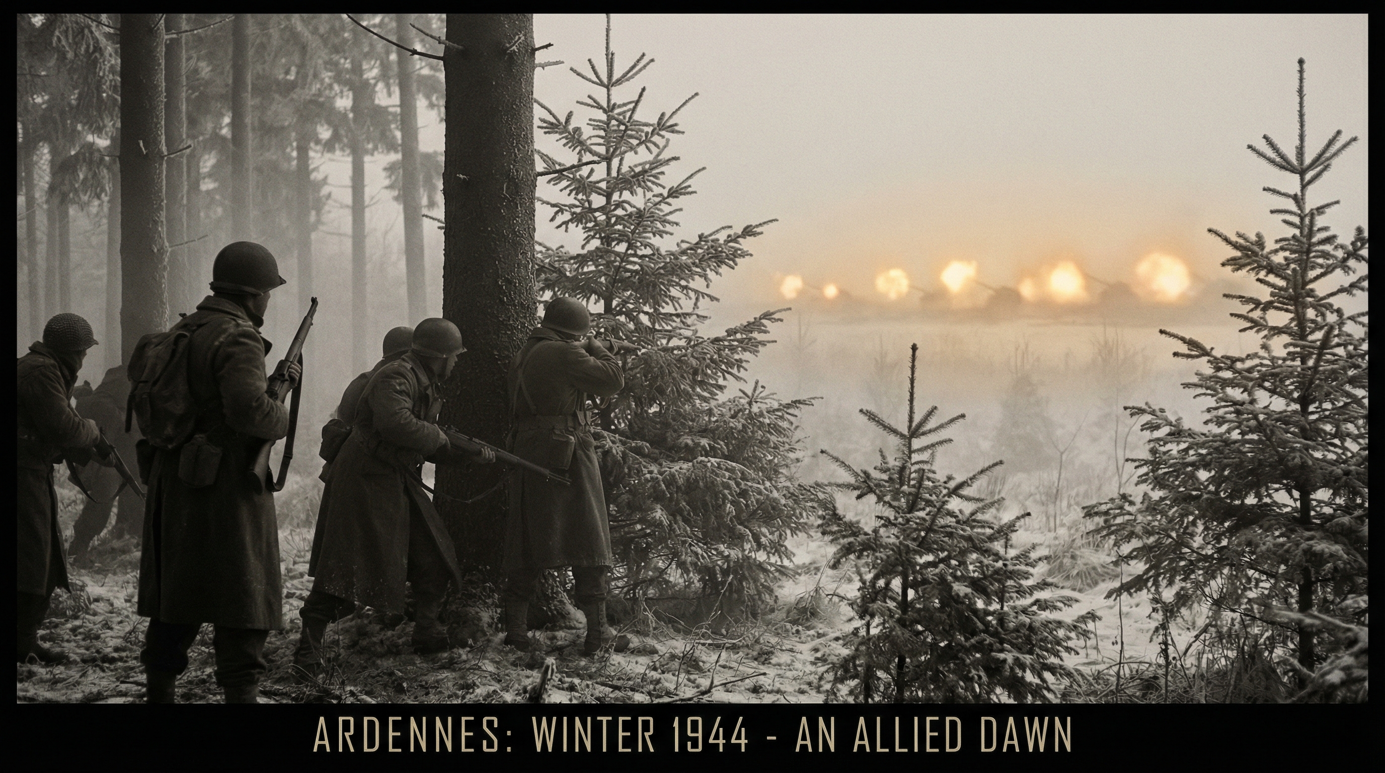 Dawn breaks over the frozen Ardennes forest in December 1944, artillery flashes illuminating fog-shrouded pine trees