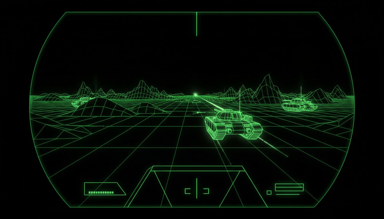Sweeping wireframe battlefield in luminous vector green, evoking the original 1980 Battlezone arcade game