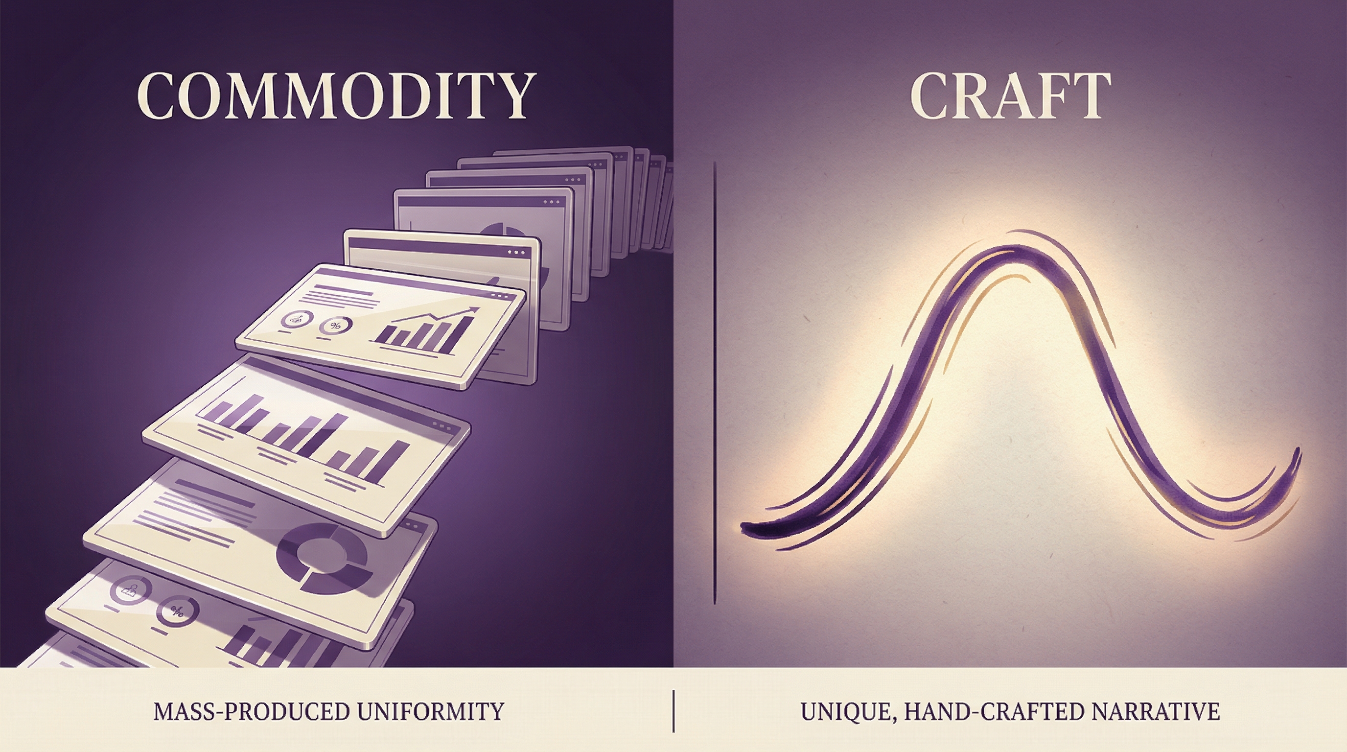 An editorial illustration contrasting mass-produced beautiful slides with a hand-crafted story arc