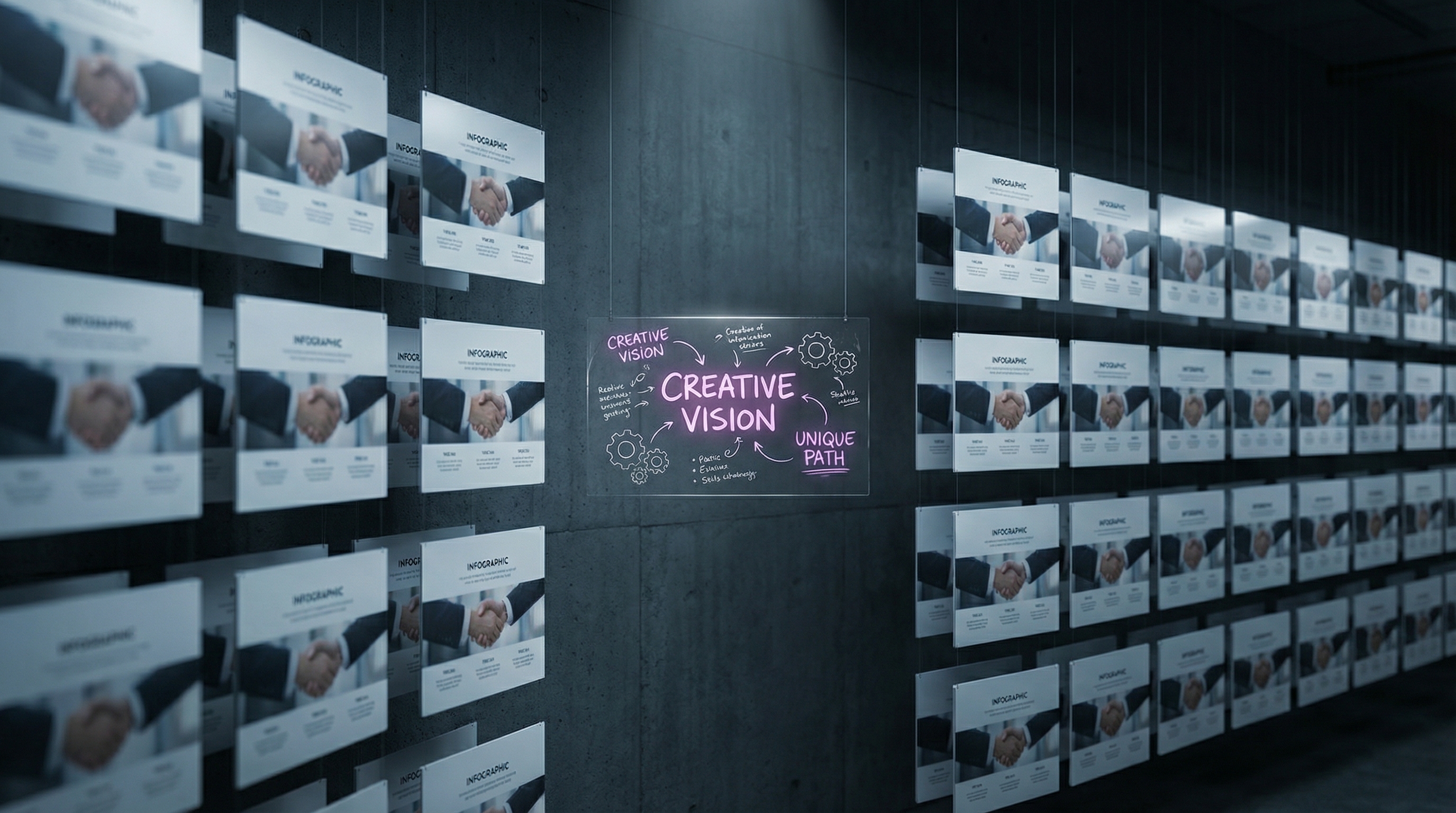 An editorial illustration contrasting mass-produced beautiful slides with a hand-crafted story arc