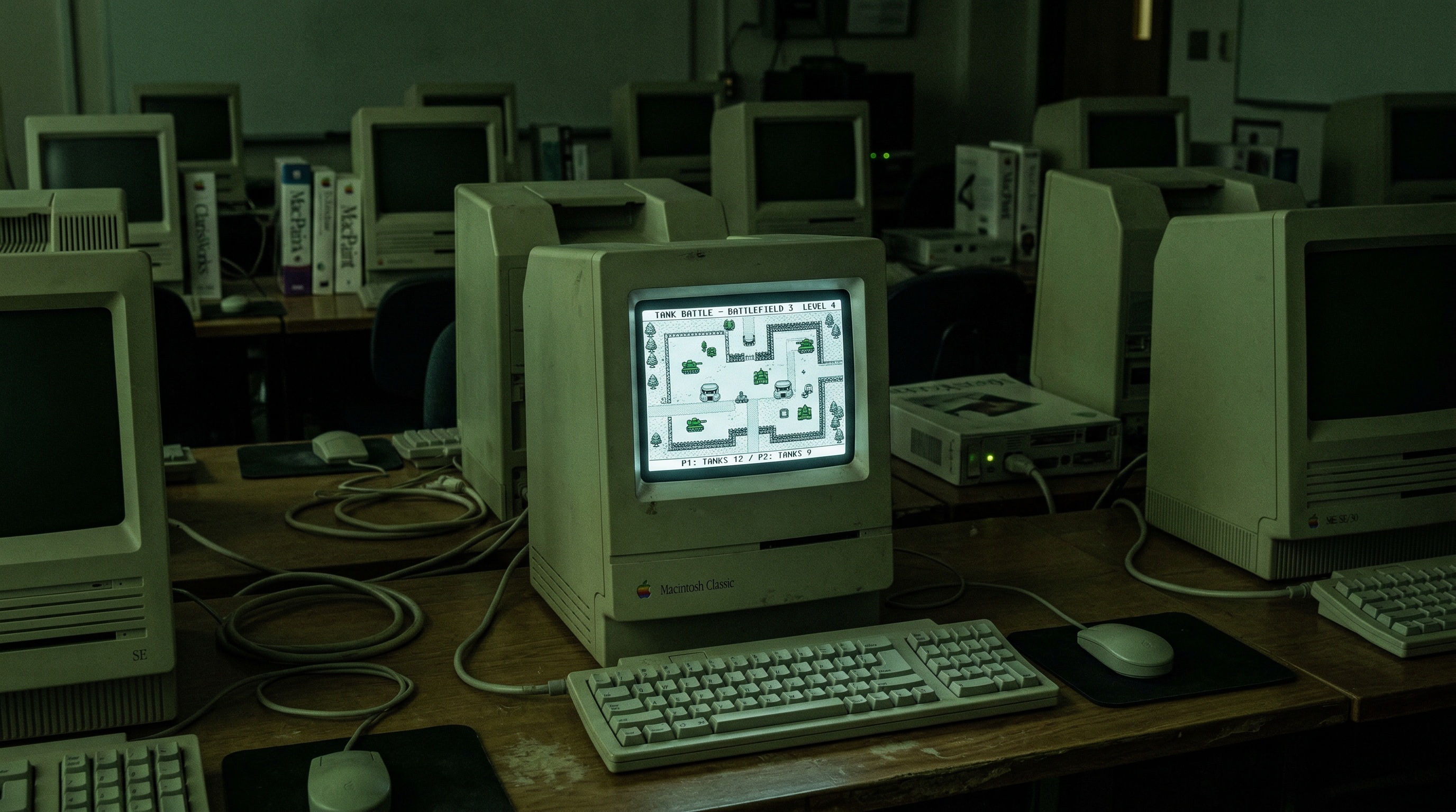 A vintage Macintosh computer in a dark university lab, its screen glowing with a top-down tank battlefield