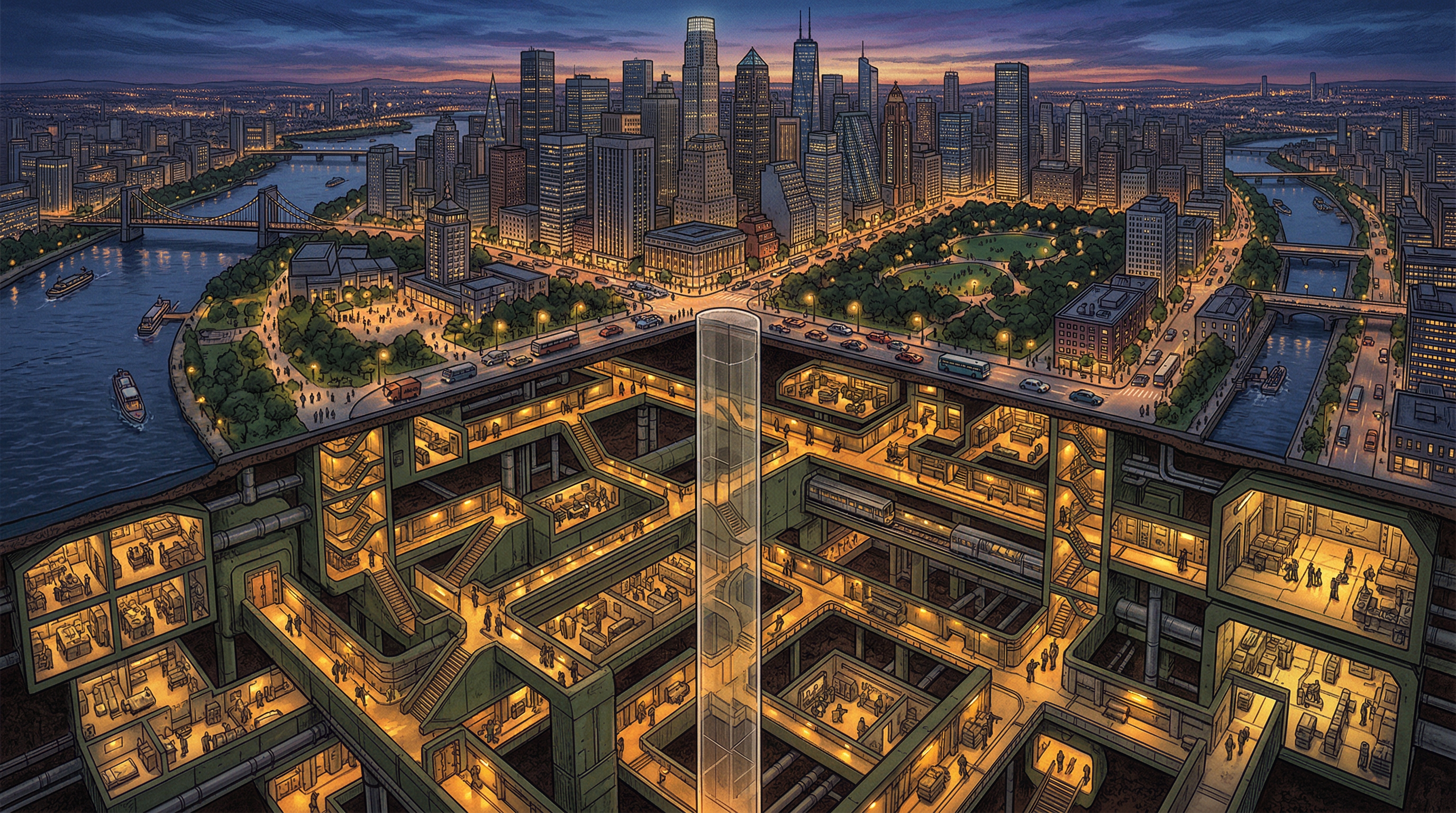 Aerial cutaway illustration of a modern city revealing an extensive underground shelter network beneath the streets