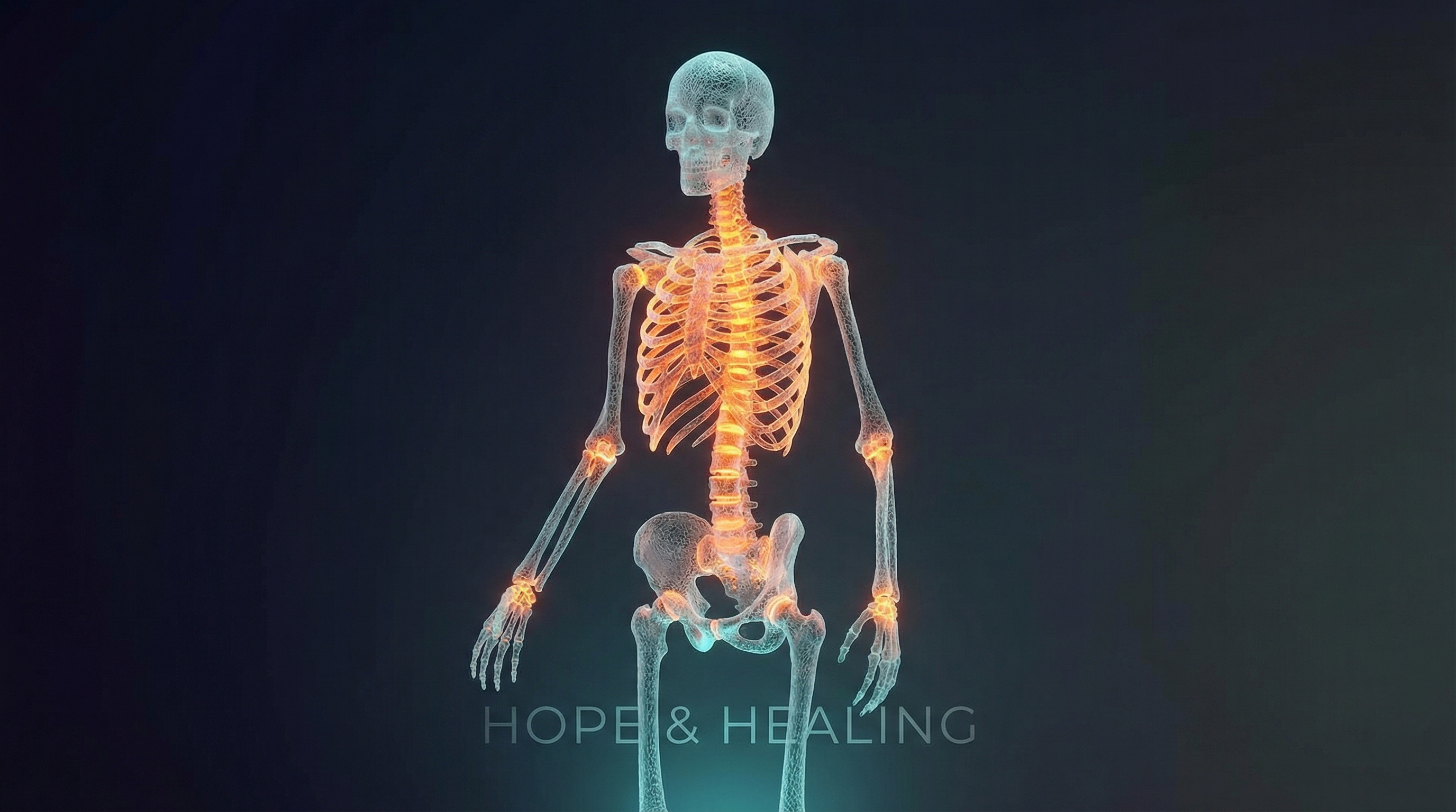 Crystalline bone lattice structure with areas of healthy amber warmth contrasting fragile translucent sections