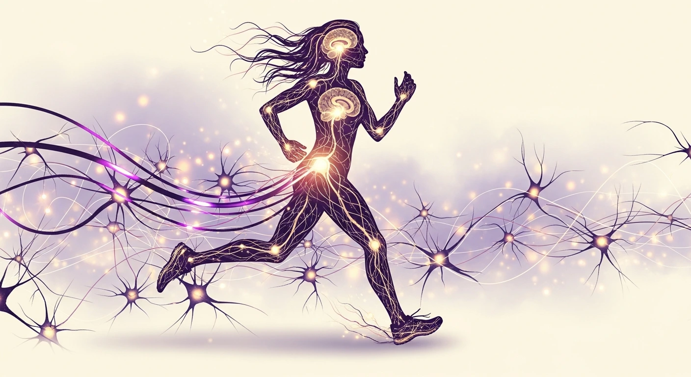 Luminous neural pathways forming the silhouette of a woman in motion, running through glowing synapses