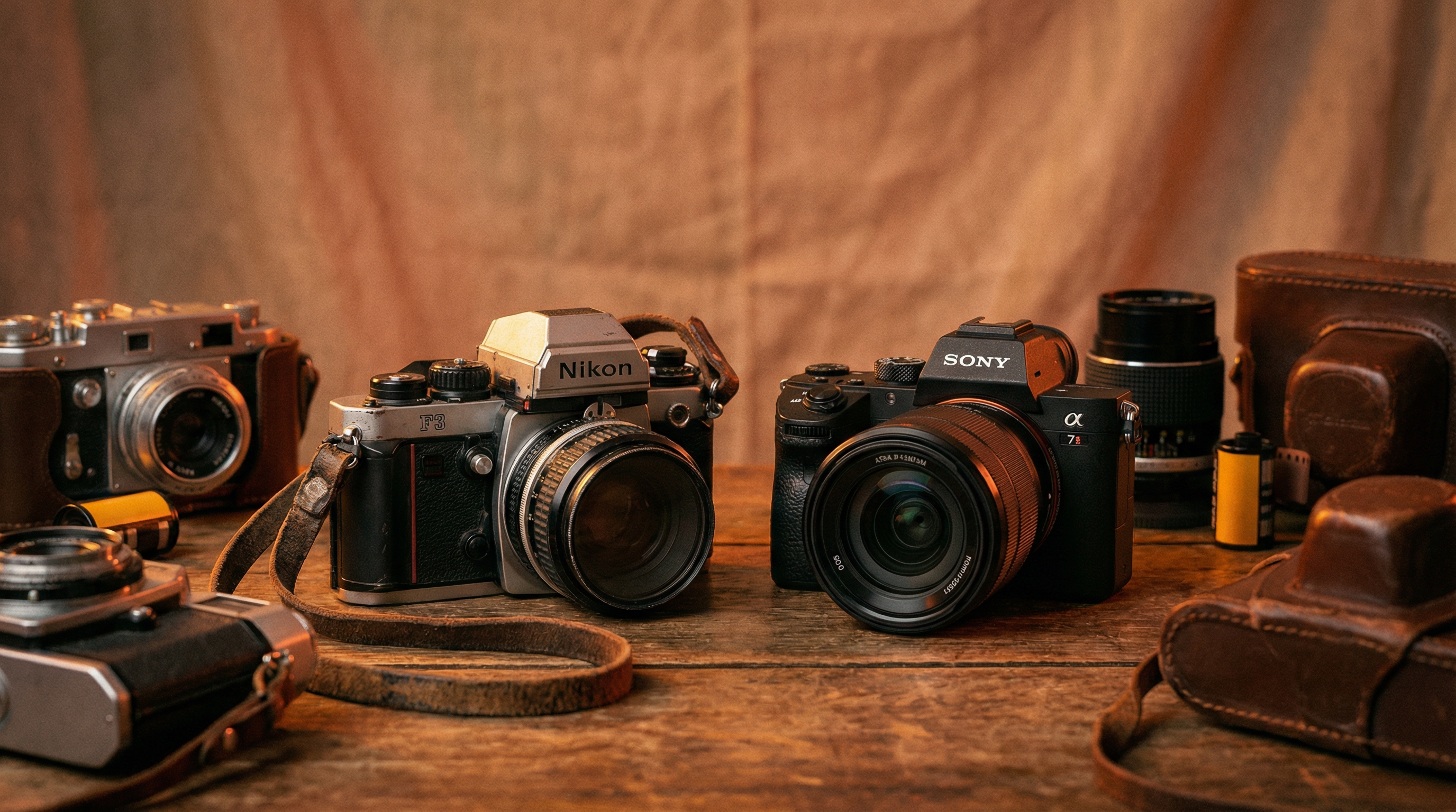 Artistic still life of vintage and modern cameras with warm amber lighting
