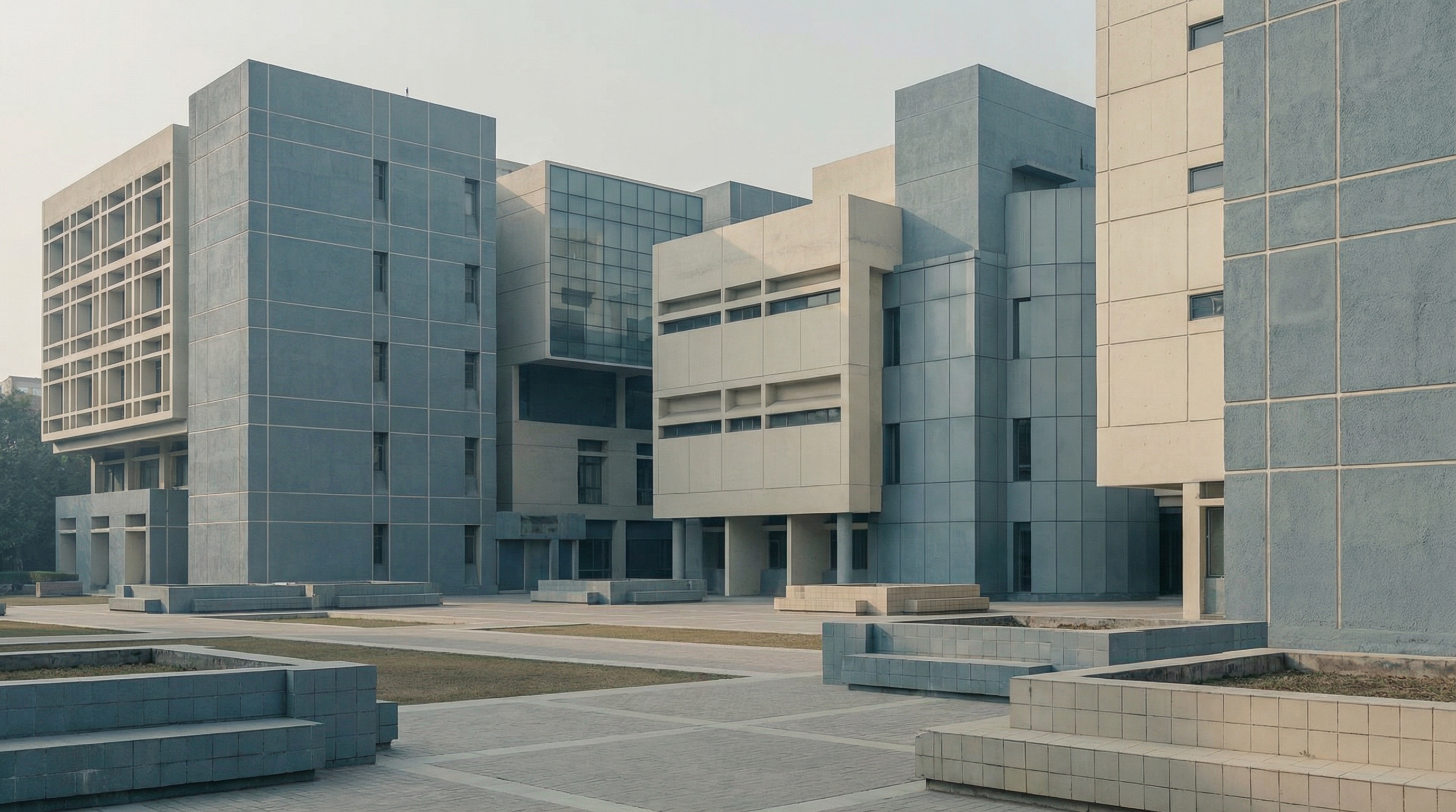 Abstract architectural visualization of modern university campus buildings