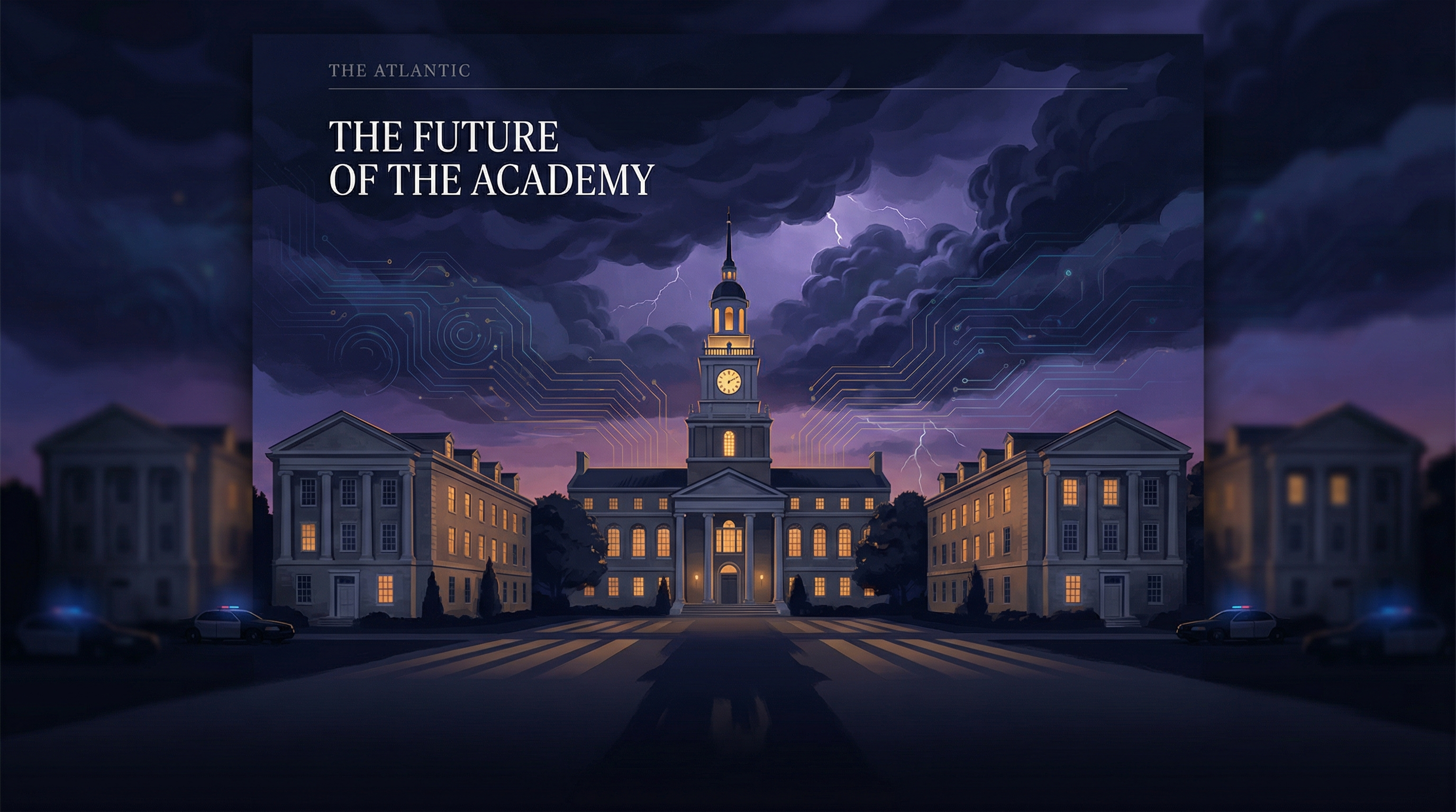 Editorial illustration of a university campus under gathering storm clouds with digital circuitry in the sky