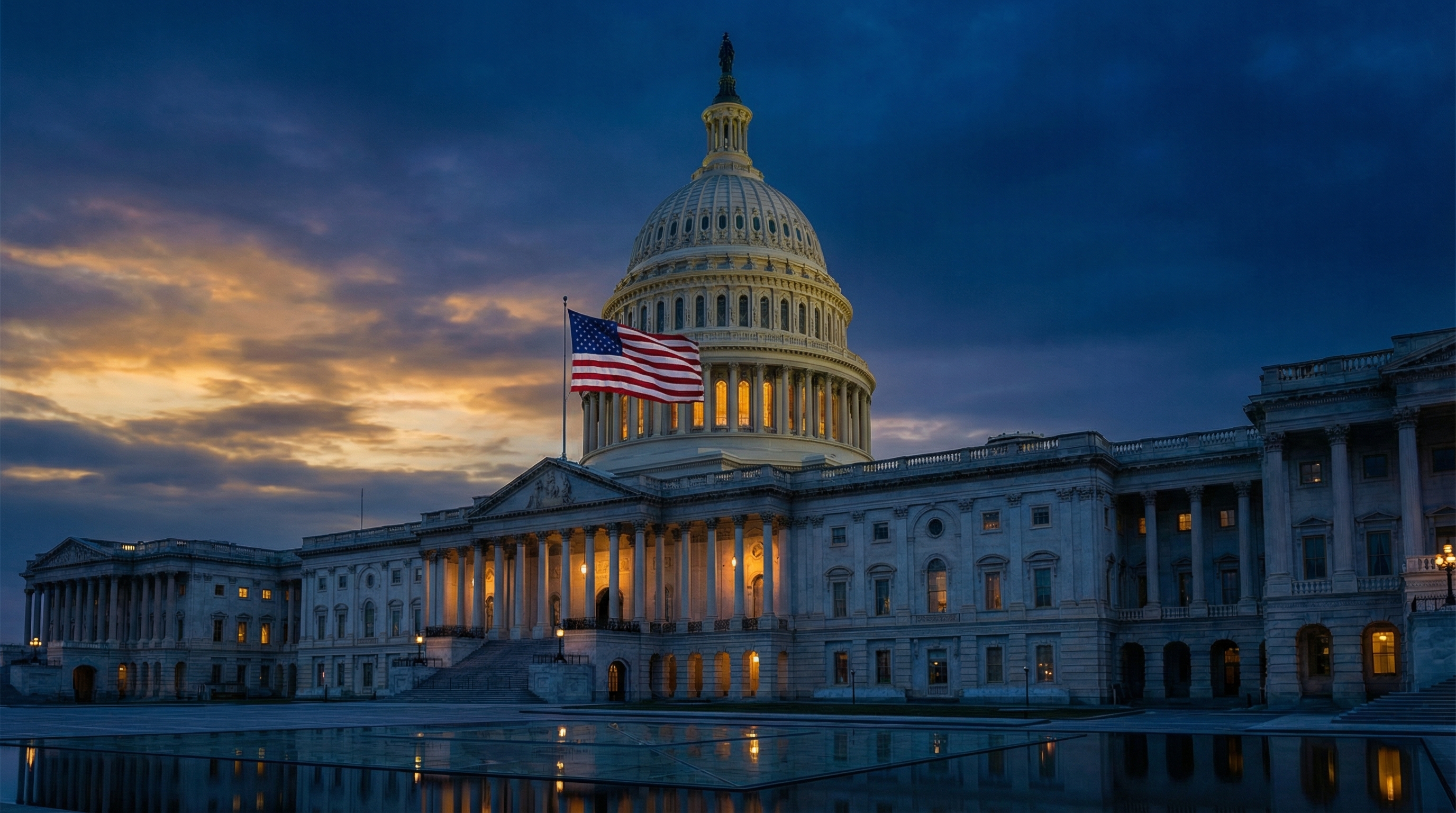 U.S. Capitol dome at dusk with American flag
