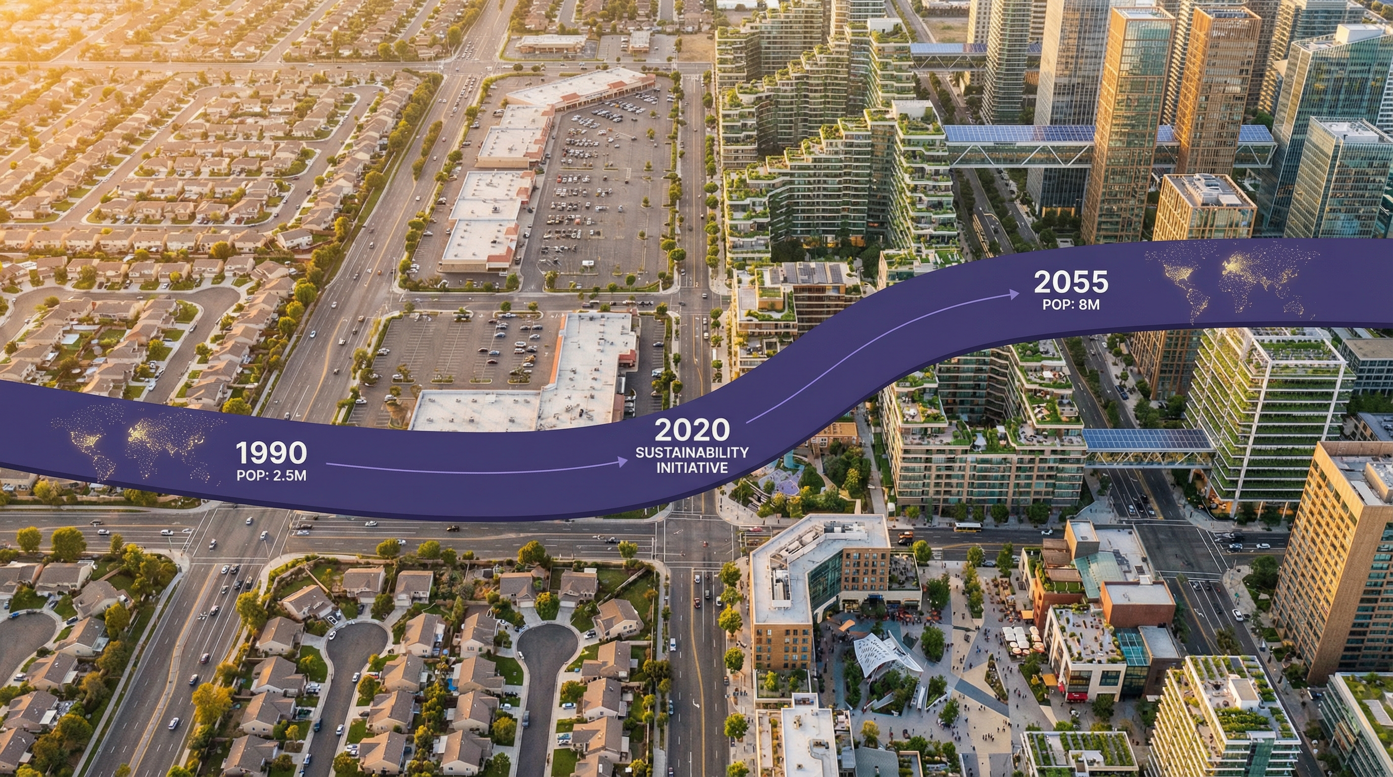 Aerial visualization of American cityscape transforming from 1990s suburban sprawl to 2055 dense, diverse urban neighborhood