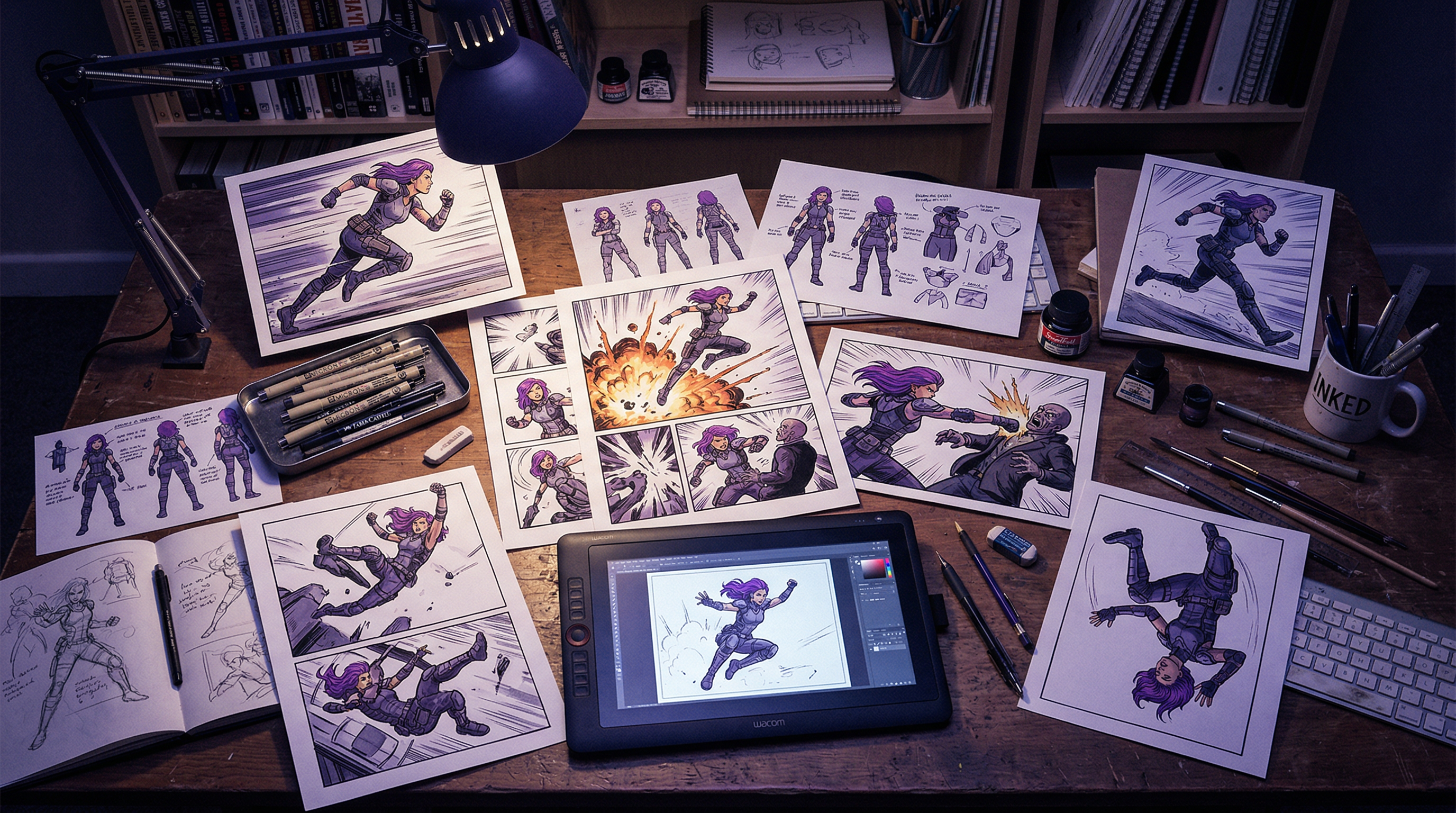A comic artist's desk viewed from above, showing panels of the same character in different action poses with perfect visual consistency