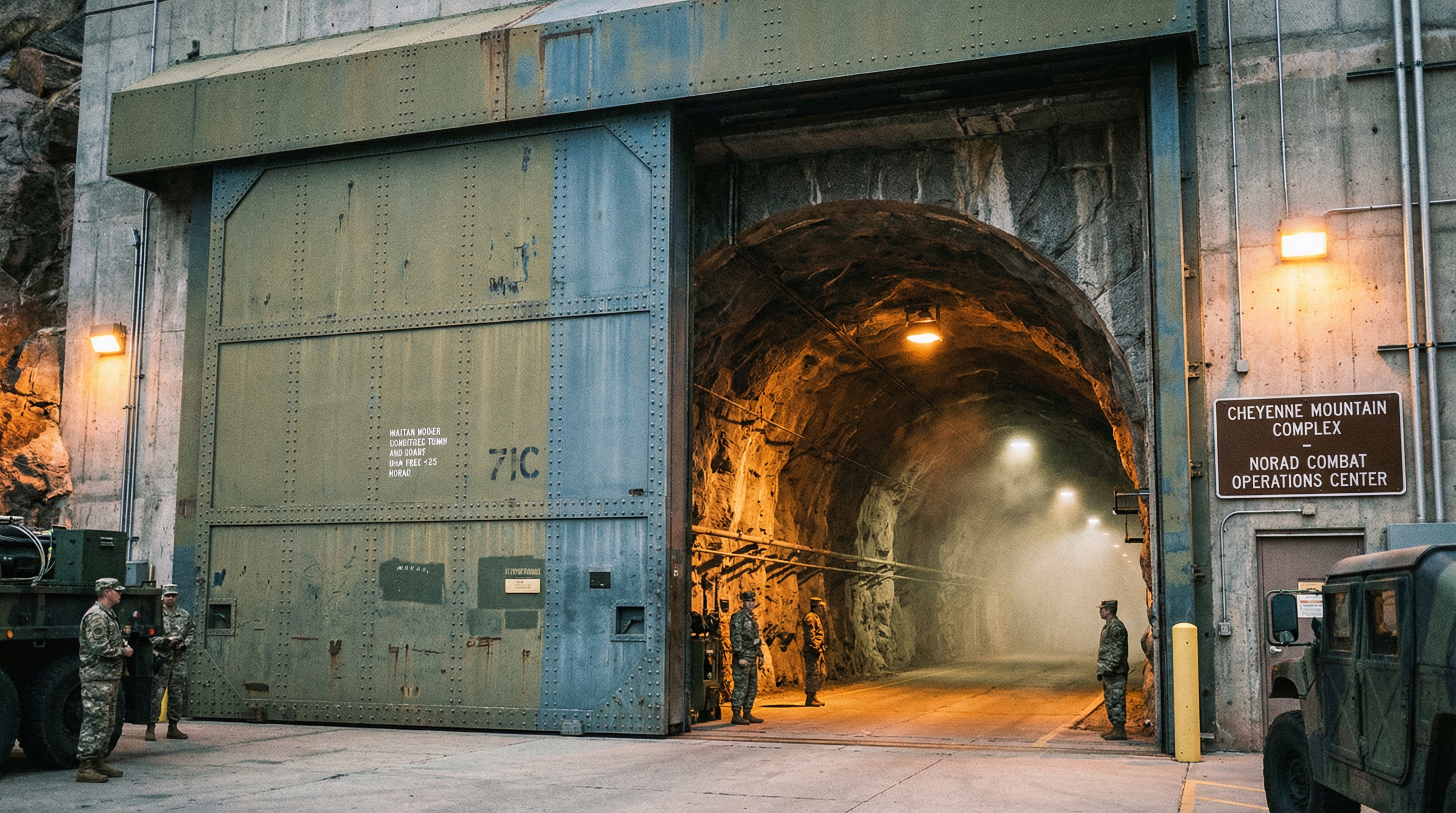 Cheyenne Mountain Complex entrance at dusk, massive blast doors visible in the granite mountainside