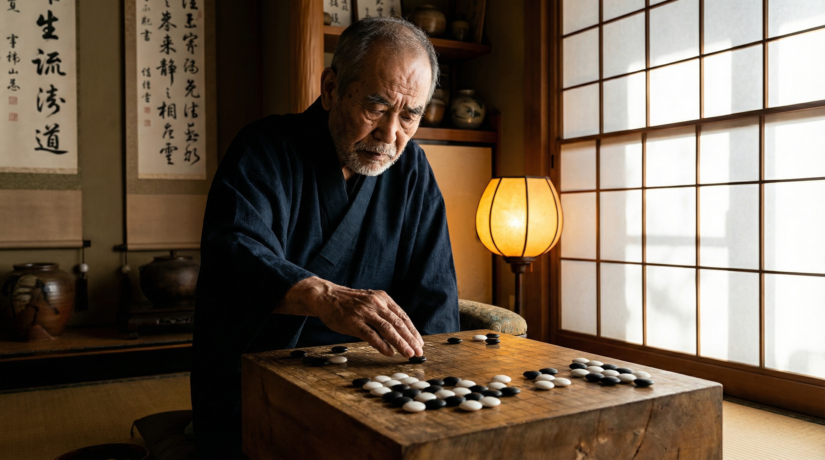 A Go master in deep contemplation over an ancient wooden goban board, dramatic chiaroscuro lighting